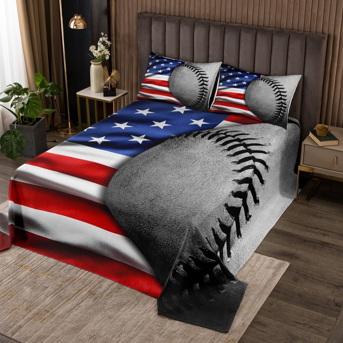 3D Baseball Coverlet Set Chic American Flag Print Quilted Coverlet Sports Games Theme Comforter Set Bedspreads Quilt Set for Children Kids Coverlet Set,Twin Size 2 Pcs
