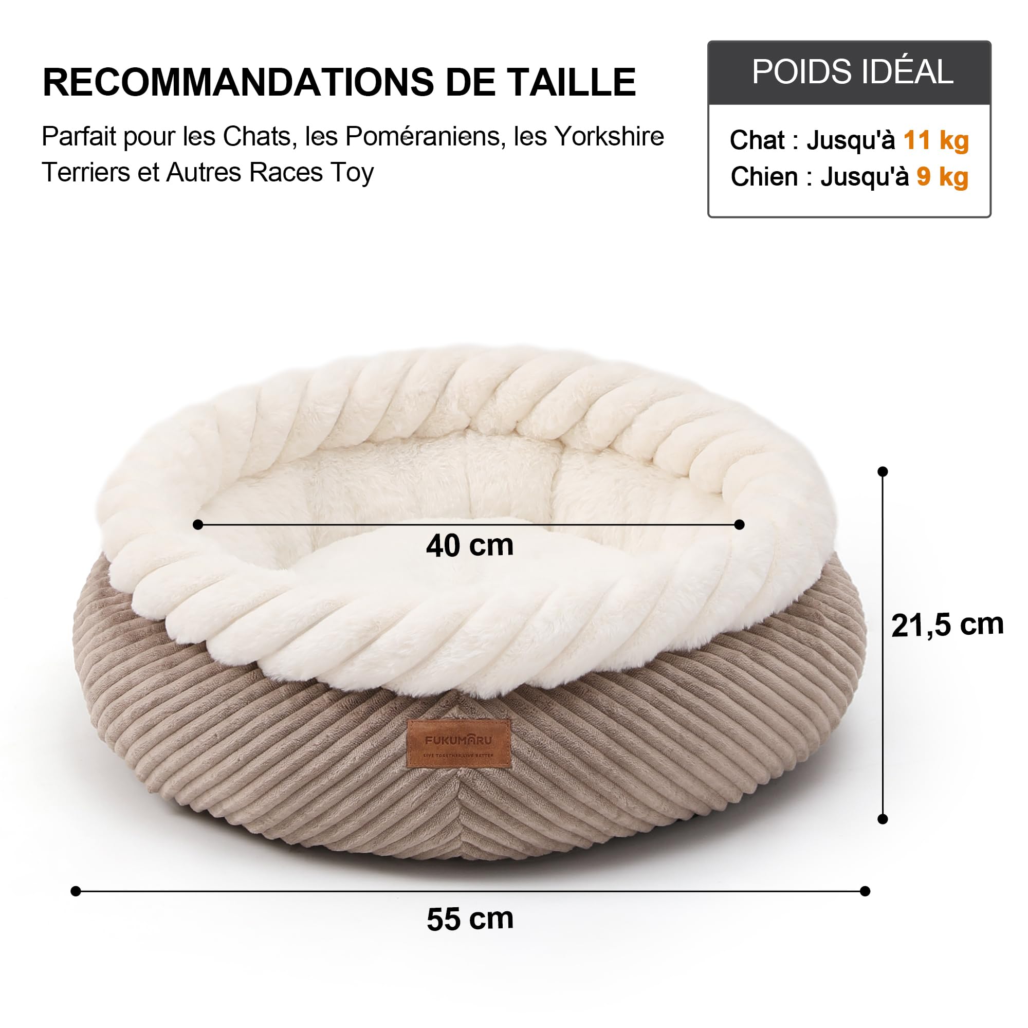 FUKUMARU Panier pour Chien, Lit Rond Lavable pour Chat d'Intérieur, Coussin Douillet en Fausse Fourrure Apaisant avec Fond Anti-Dérapant, 53 cm, Camel