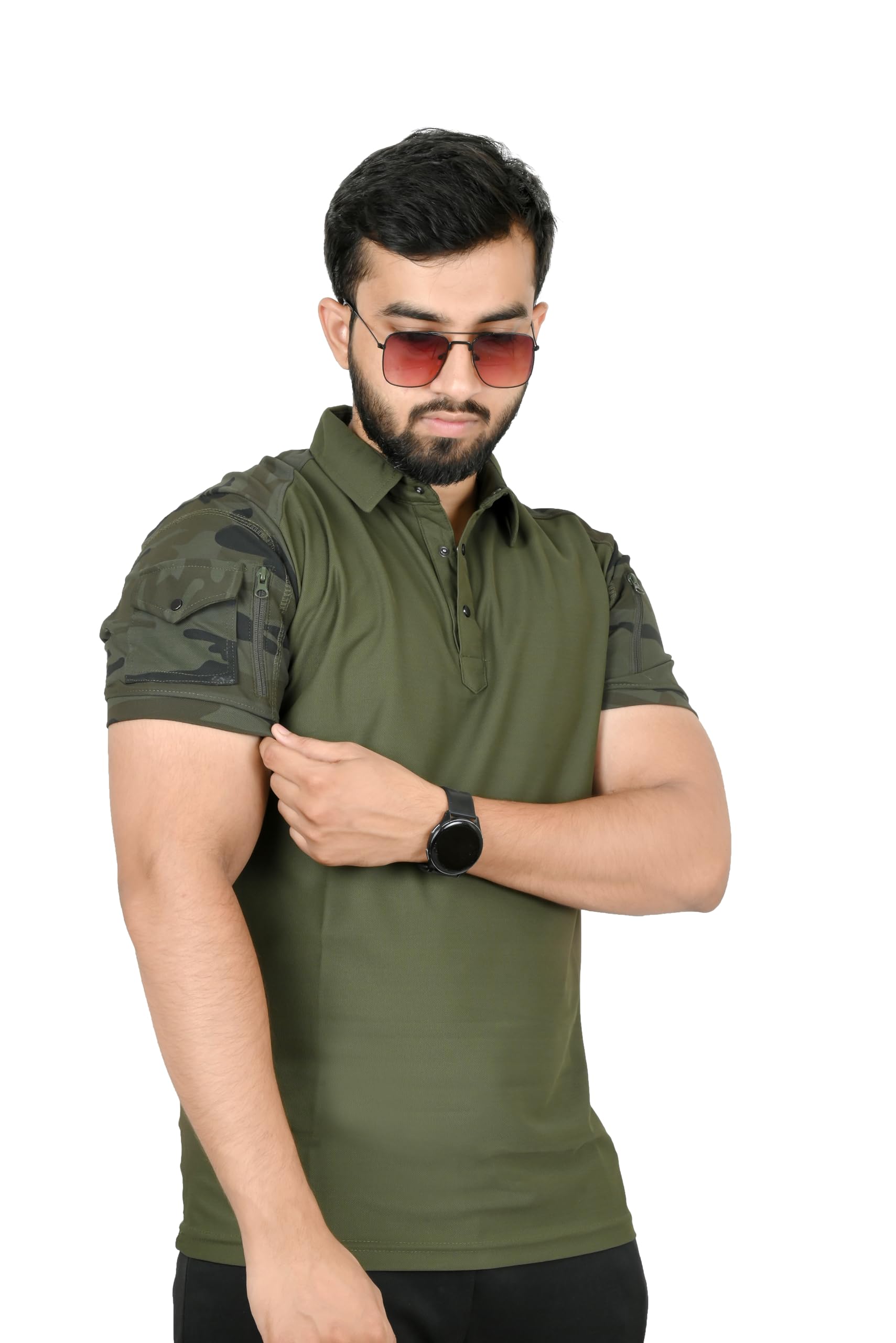 Men's Olive Green Army Print Tactical Polo T-Shirt with Camouflage Sleeves and Zipper Pockets-picture-25