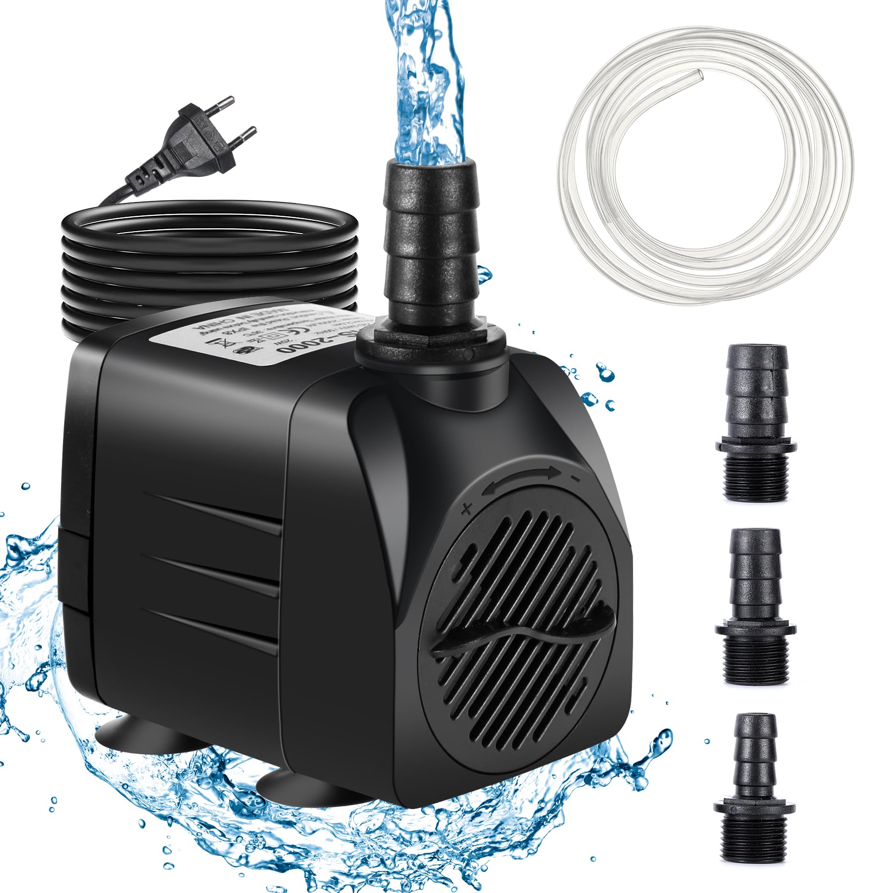 MEISHILE Ajustable Mini Bomba De Agua, 2000 L/H, 30 W Bomba De Agua Pequeña, Bomba Acuario, Ultra Silencioso Bombas Agua para Fuentes, con 4 Boquillas, Bomba Fuente De Agua para Fuentes, Acuarios