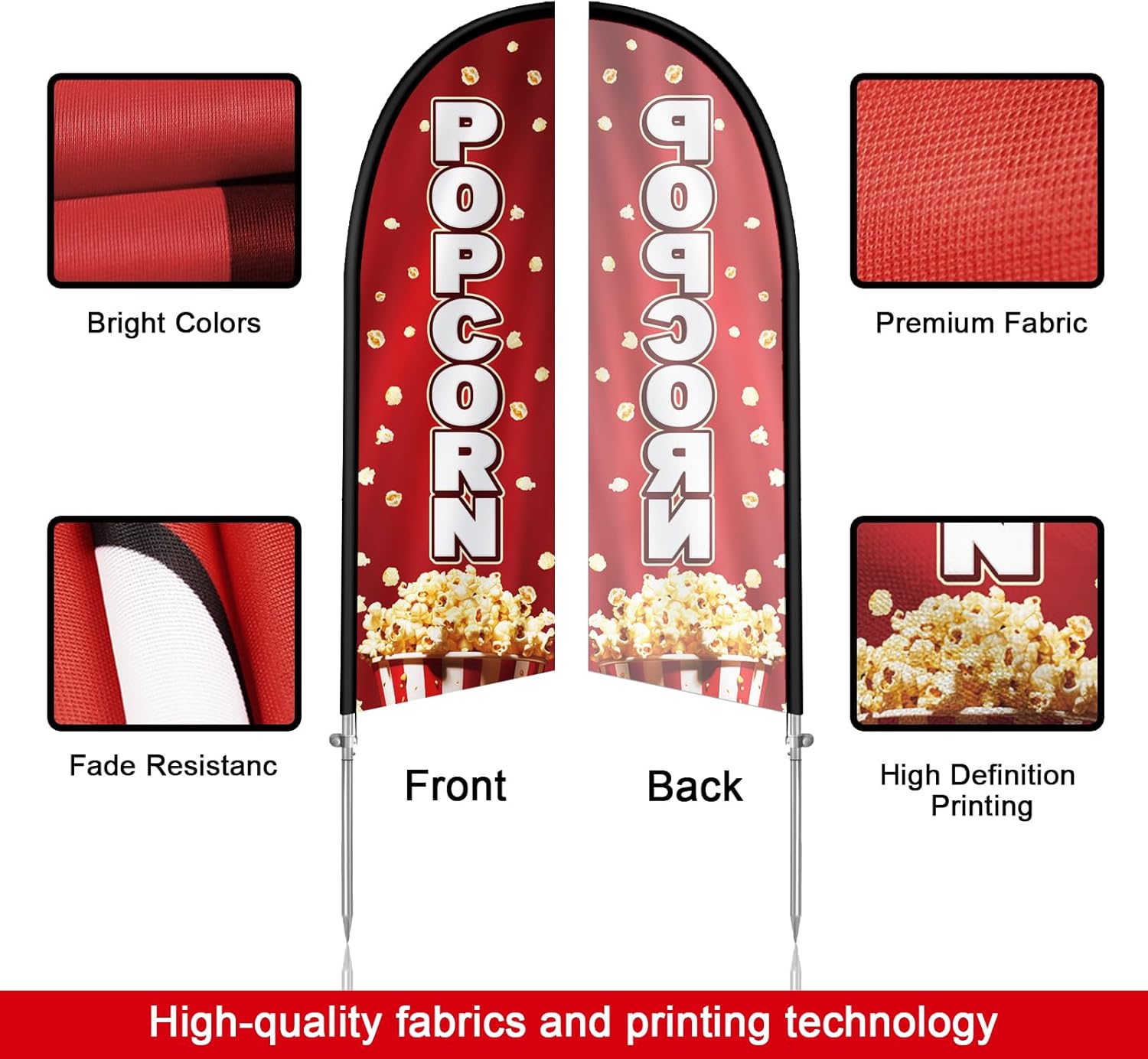 Popcorn Flag for Business, Popcorn 8FT Polyester Advertising Swooper Flag with Aluminium Alloy Flag Pole Kit, Stainless Steel, Ground Spike, Portable Bag