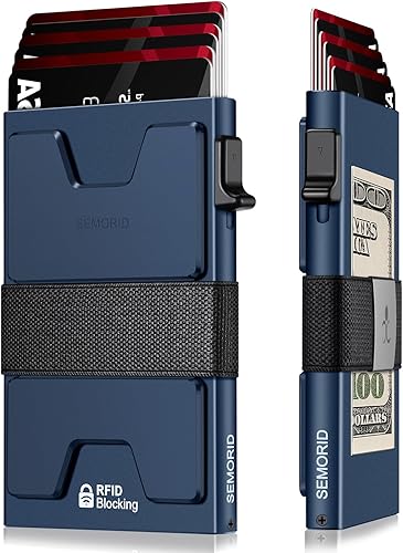 Miniatura 11 de Cartera delgada de aluminio para hombre, placa trasera expandible duradera, bloqueo RFID, billetera desplegable de metal minimalista, con capacidad