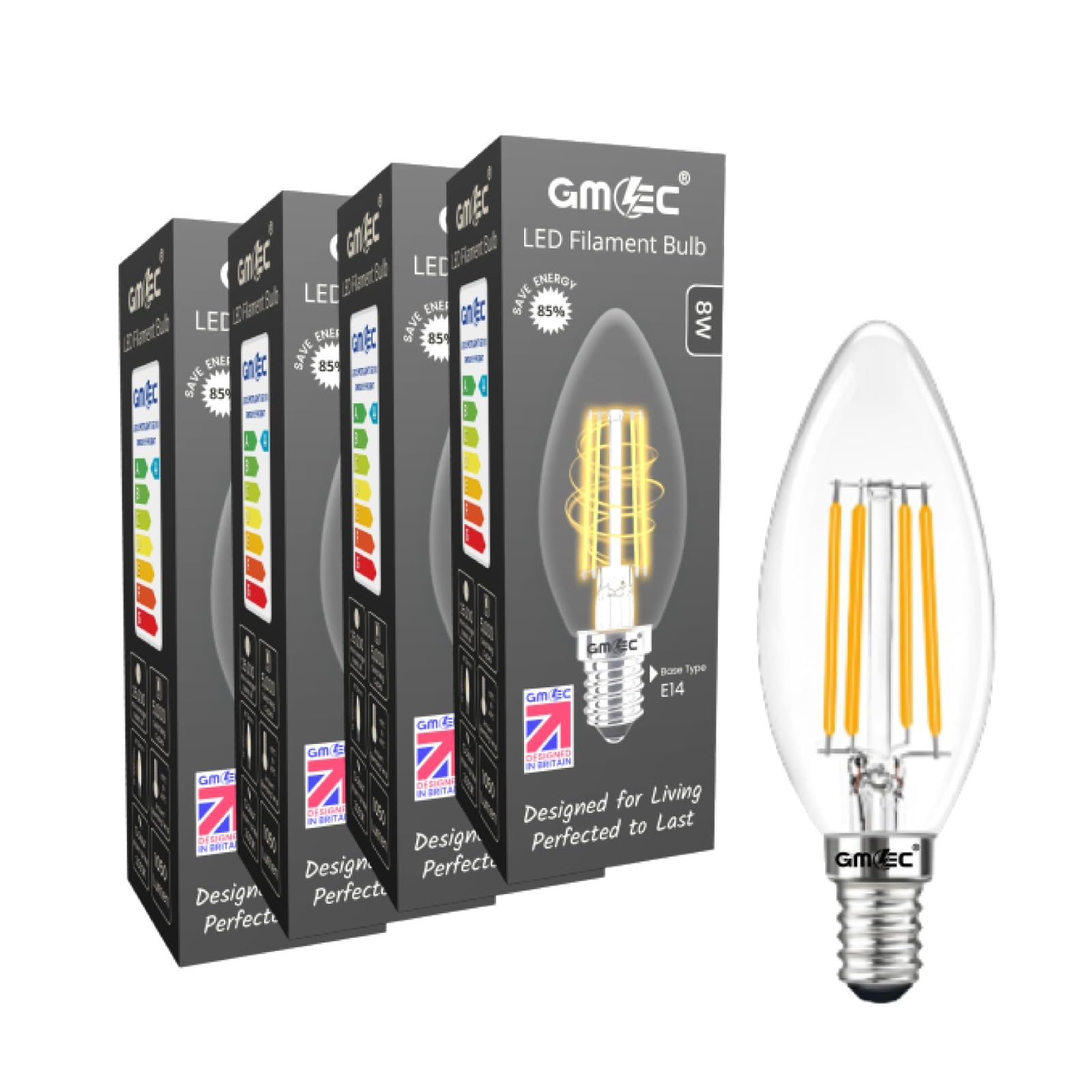 GMEC 4-Pack E14 LED Candle Light Bulbs 8W, 1050 Lumens, Warm White 3000K, Clear Glass Filament, Small Screw Light Bulb (SES), 80W Halogen Replacement, Non Dimmable