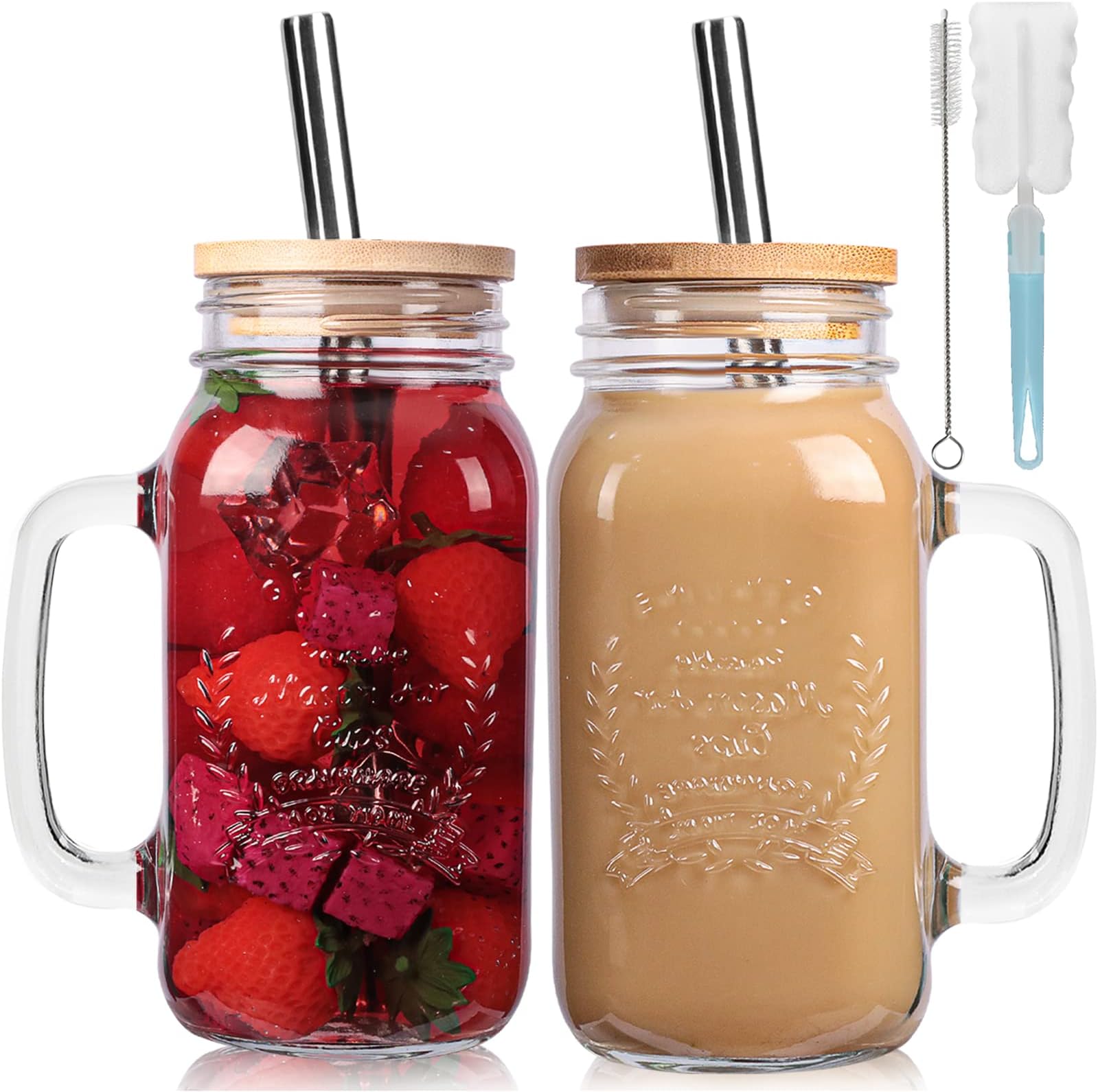2 Pack 24Oz Mason jar cups with lids and straws, Mason Jars with Handle, Mason Jar Drinking Glasses with Lid and Straw, Mason Jar Mugs