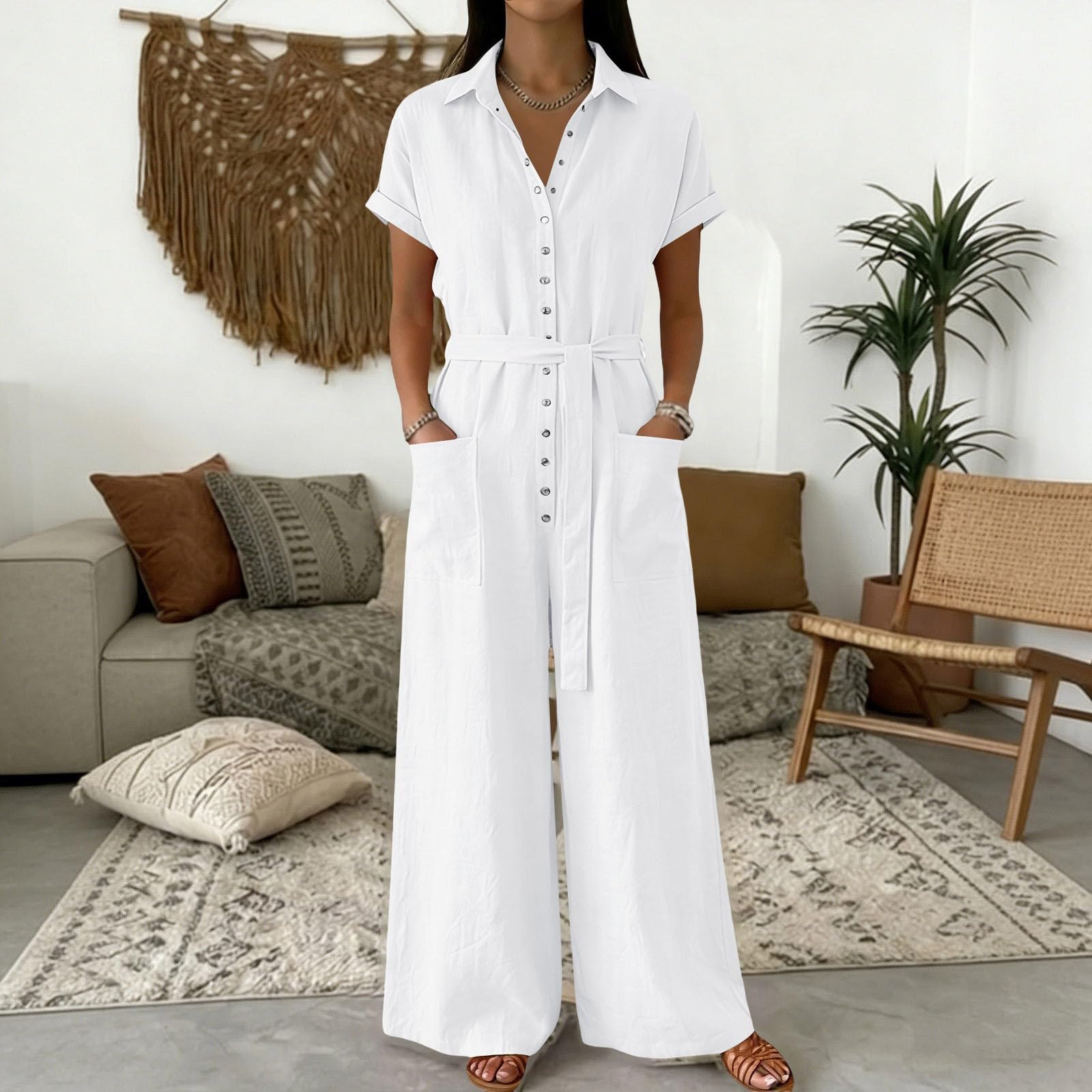 Jumpsuit Damen Sommer Baumwolle Overall Revers Knöpfen Hosenanzug Mit
