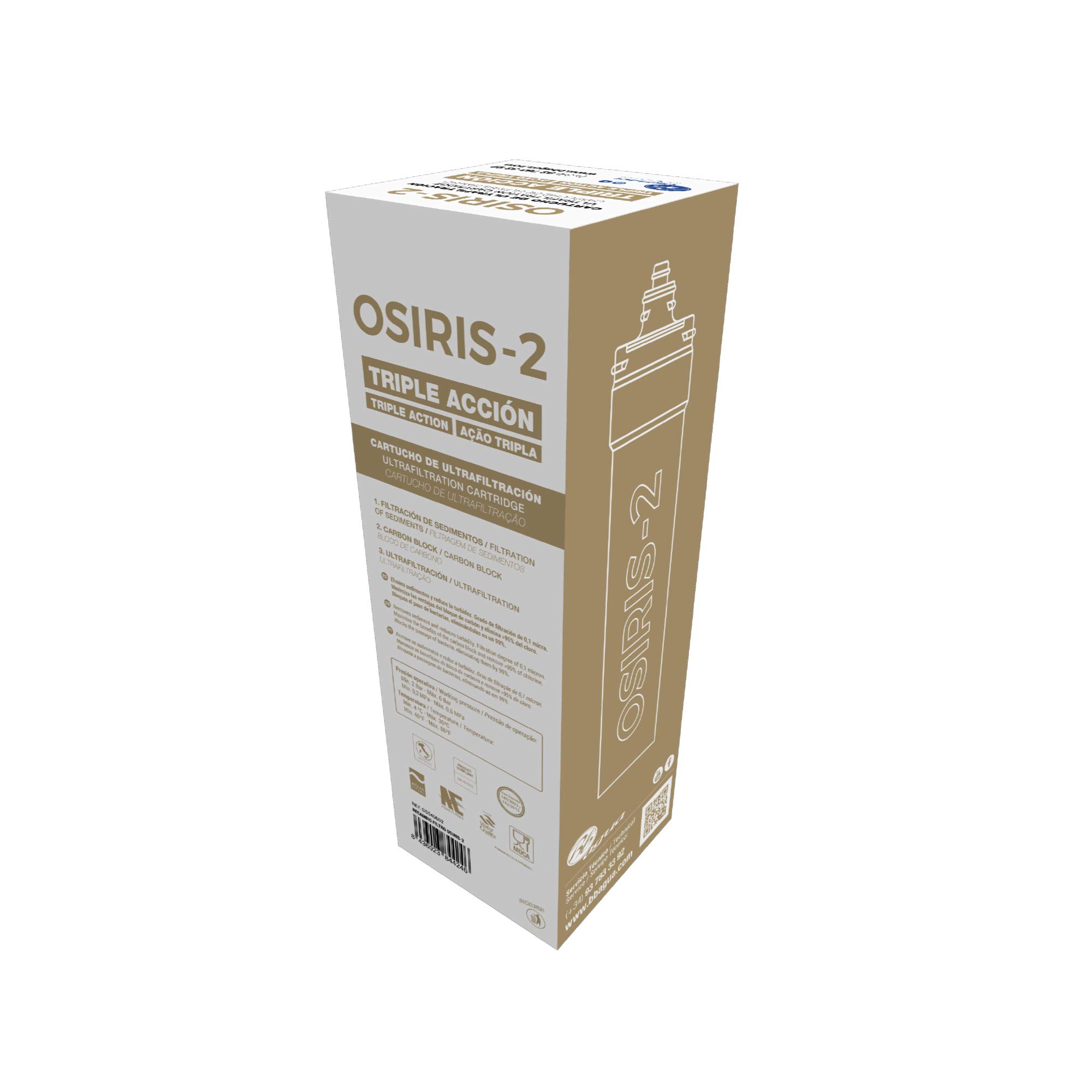 Cartucho recambio filtro de agua Osiris-2. Elimina la sedimentación, reduce el cloro, los sabores y olores. Fácil sustitución. Fácil mantenimiento. Bbagua.