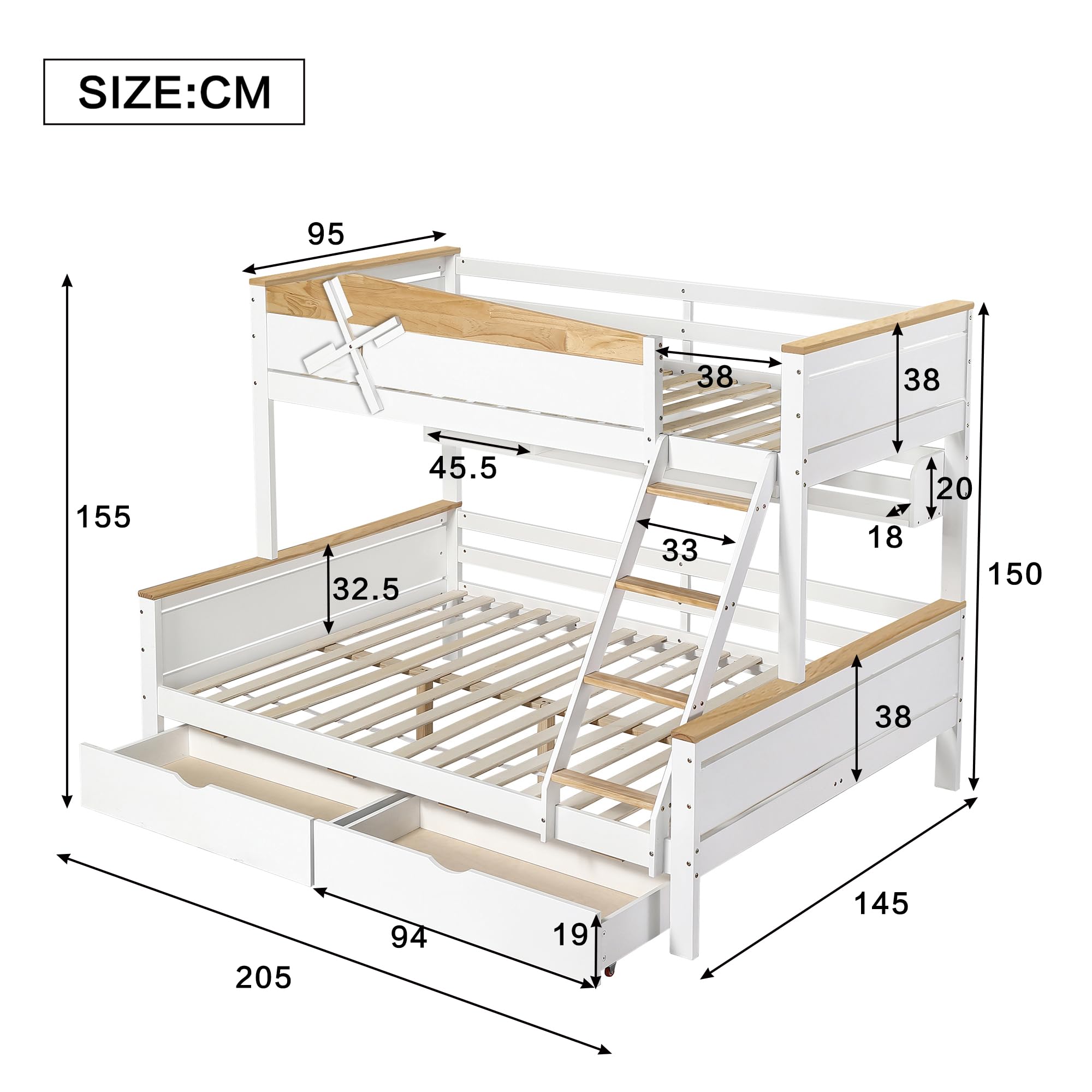 Rtopsu Kinderbett Etagenbett 90x200 cm & 140x200 cm mit Stauraum und Leiter,Hochbett mit Windmühle Hausbett Baumhaus Bett mit Lattenrost aus Holz und Rausfallschutz für 2-3 Kinder Weiß,Ohne Matratze