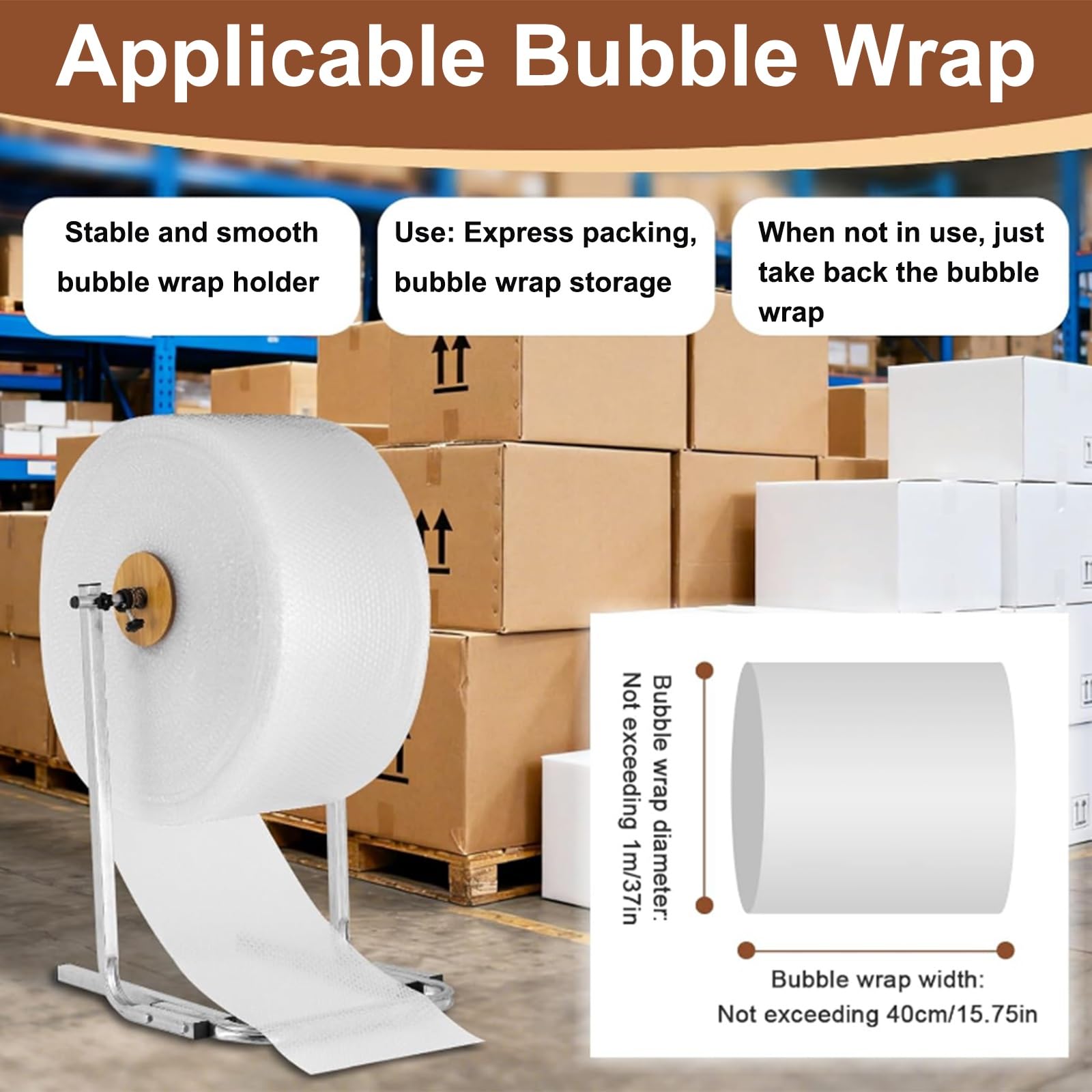 Dispenser per pluriball, supporto pieghevole per pellicola a bolle, ideale per logistica, spedizione e stoccaggio, comodo taglierino per un facile utilizzo