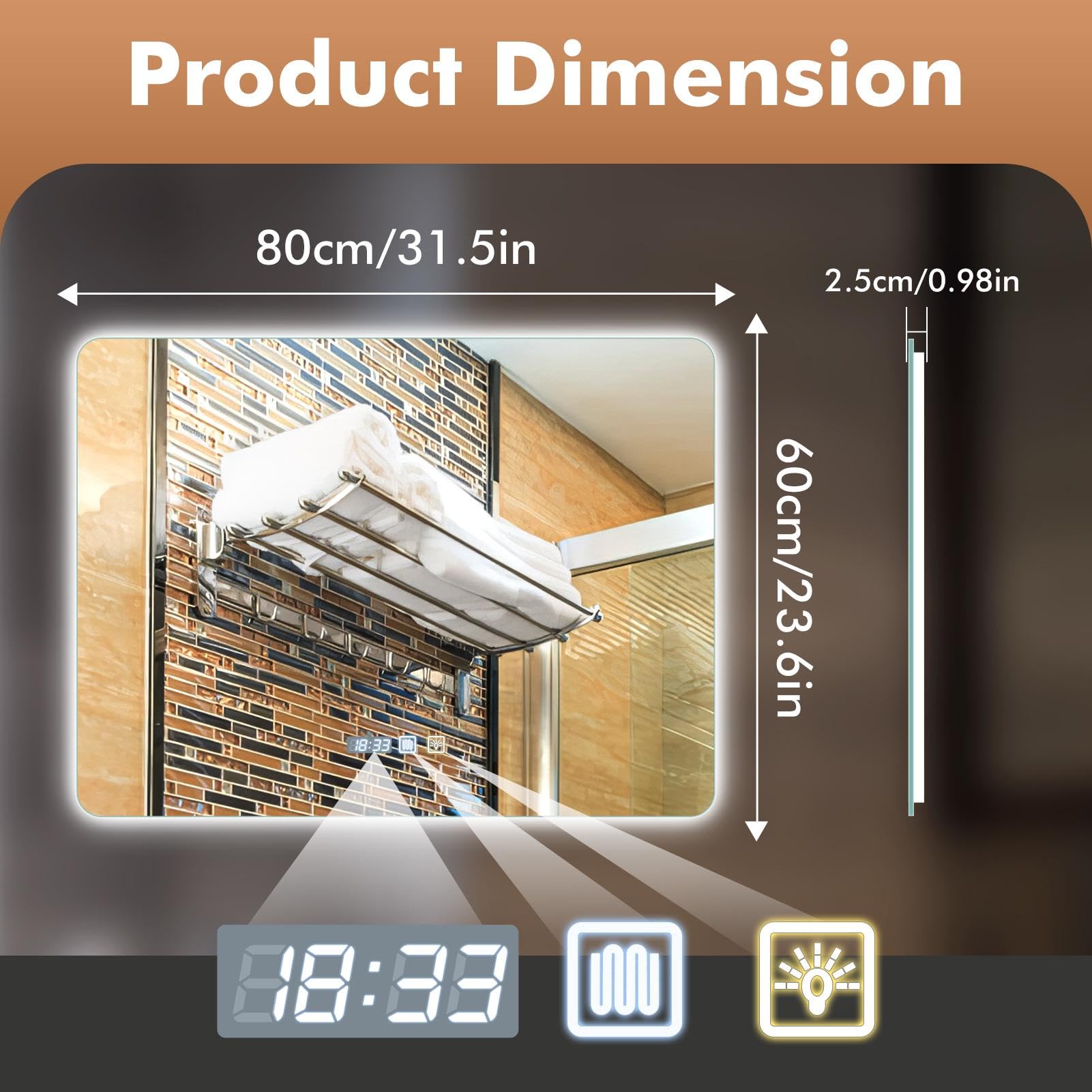 Viugreum Espejo Baño con Luz LED Regulable en 3 Colores, Cuadrado 80 * 60cm Luz de Baño Espejo de Pared con Interruptor Táctil, Función Antivaho, Ajuste de Brillo, Espejos LED Retroiluminado
