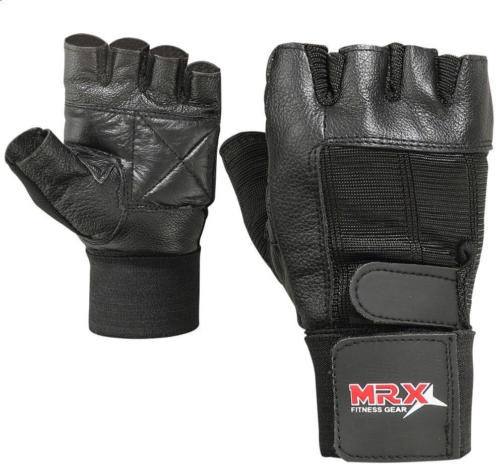 MRX BOXING & FITNESS Guante de cuero para levantamiento de pesas con correa de muñeca larga para entrenamiento de gimnasio negro