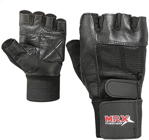 MRX BOXING & FITNESS Guante de cuero para levantamiento de pesas con correa de muñeca larga para entrenamiento de gimnasio negro