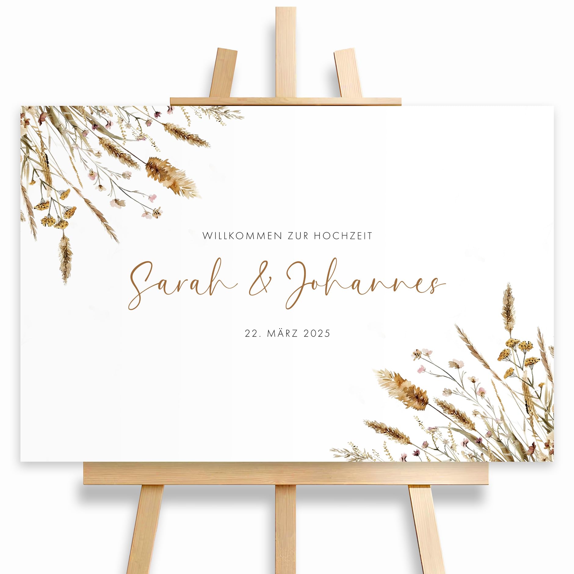HEI Print Personalisiertes Willkommensschild Hochzeit mit Namen & Datum | Pampas Trockenblumen Boho Design | Welcome Sign Hochzeitsdeko | Schild auf Staffelei | Individuelles Brautpaar Geschenk