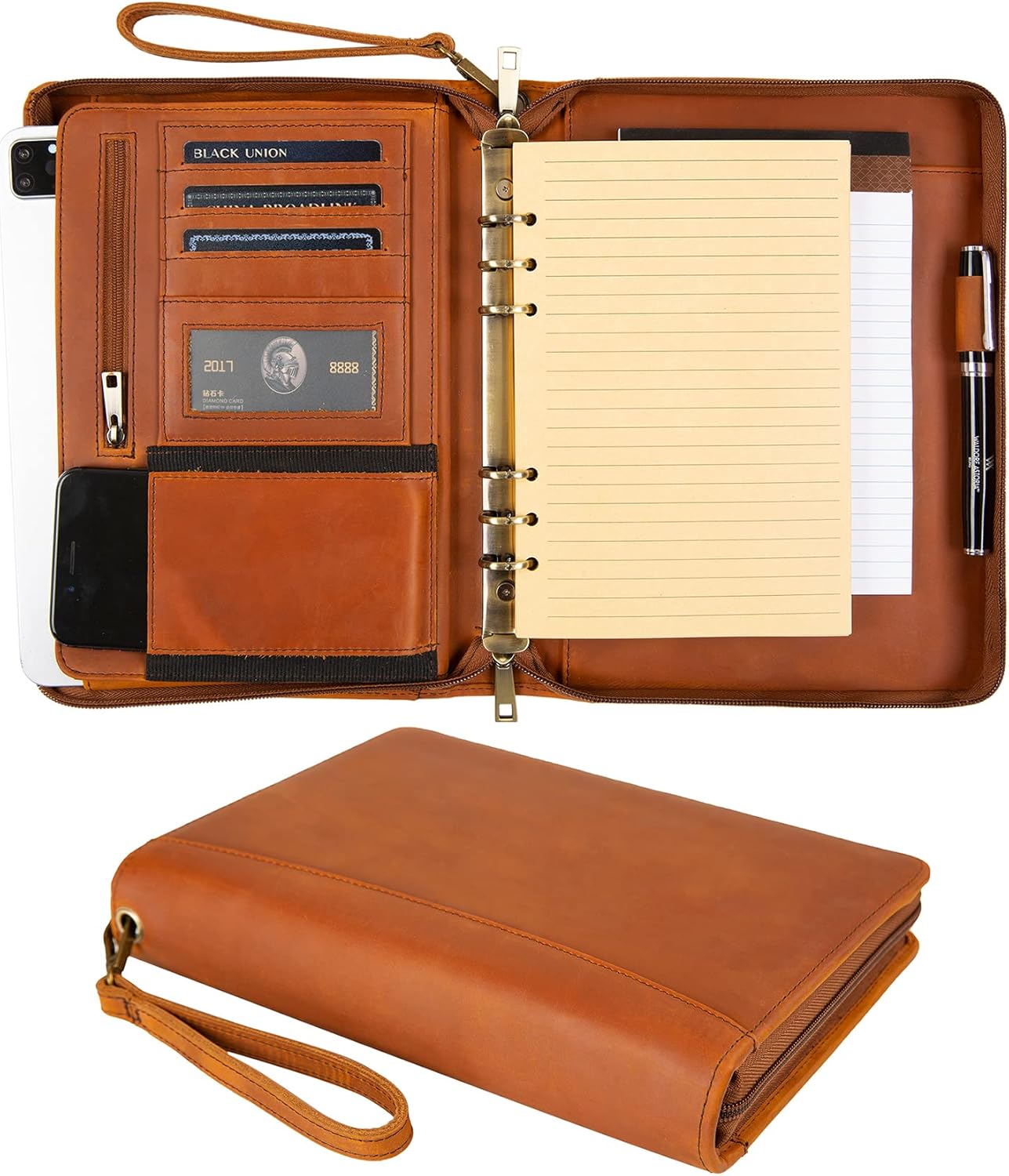 A5 Genuine Leather Portfolio Notebook Binder, 6 Ring Binder Notebook Portfolio, Refillable Notebook A5 Planner Binder with Binder Pockets (Standard,Brown)