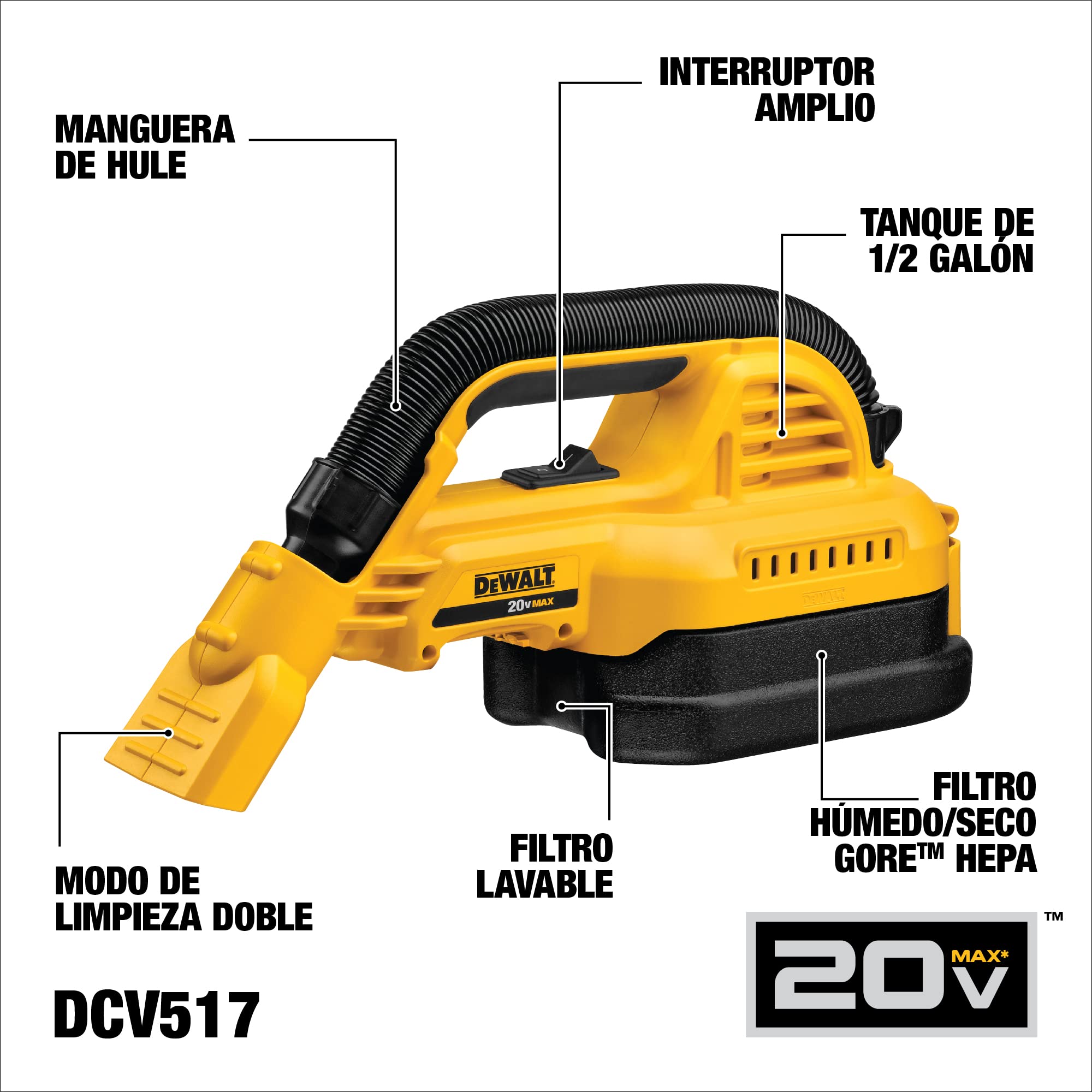 Buy DEWALT 20V MAX Cordless Vacuum, Wet/Dry, Portable, 1/2Gallon, Tool