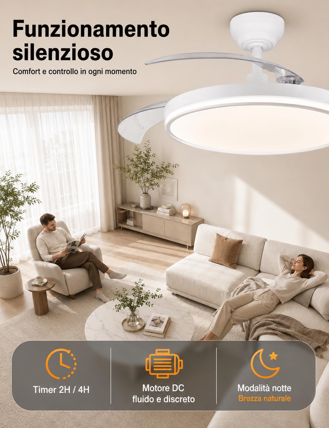 MARSI Ventilatore da Soffitto con Luce 106 cm e Pale Retrattili | Dimmerabile Lampada Ventilatore da Soffitto con Telecomando per Camera da Letto, Soggiorno e Cucina 6 Velocità