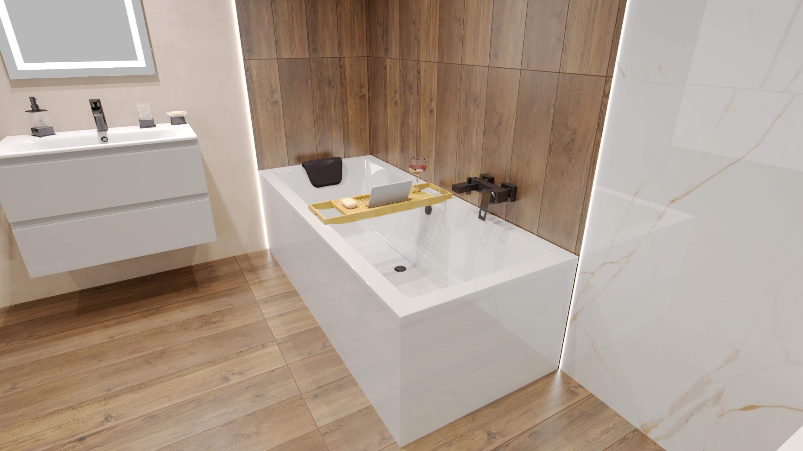 BADLAND Premium Set 5in1 Badewanne Rechteck Acryl Weiß Wanne QUADRO 175x80 cm, Made in EU + Verkleidung (Styropor) + Nackenkissen KODI, Moderne Design, mit Ablaufgarnitur und Füßen