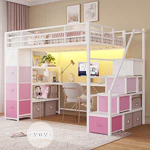 DICTAC Twin Loft Bed with Storage Stairs, Desk, Power Strips, LED Lights, and Safety Guardrails - White+Pink