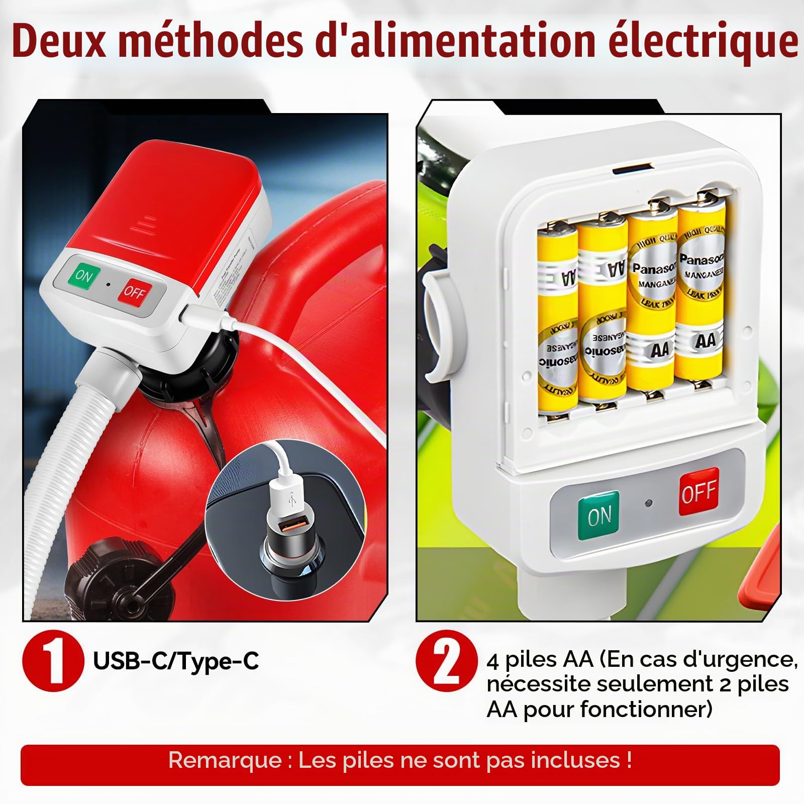 Pompe Électrique pour Carburant avec Stop Automatique, 3,2 GPM (12 L/min) Adaptateur 4 Tailles | Tuyau 1.3m pour Essence, Gaz, Diesel | Fonctionnement via USB