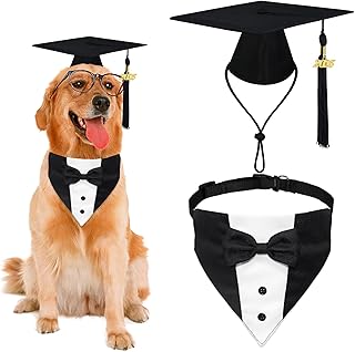 GOYOSWA Dog Graduation Cap and Tuxedo Collar, Adjustable Dog Graduation Cap with Black Tassels 2025 Charm for Small Medium Large Dogs (Graduation Cap & Tuxedo)