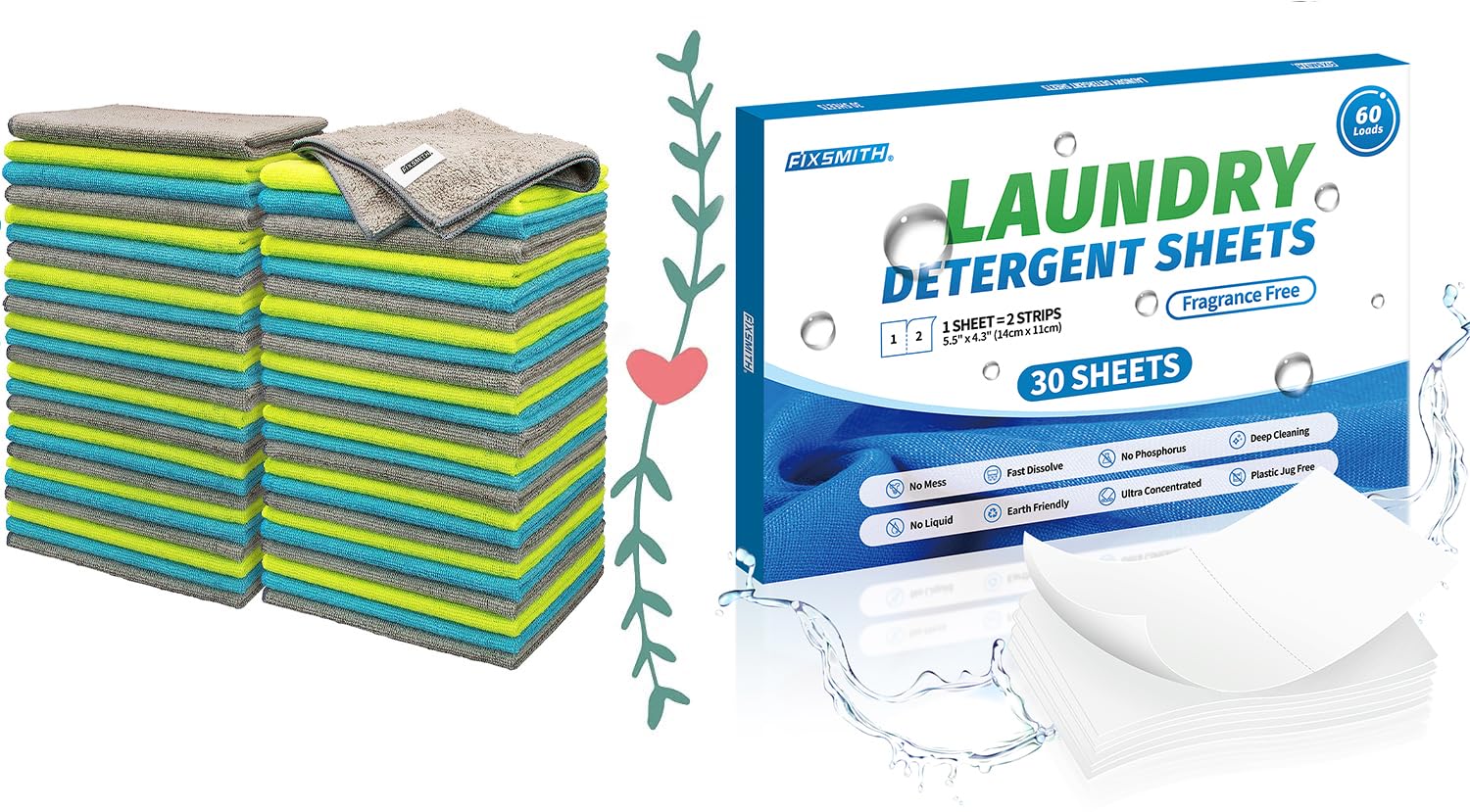 FIXSMITH Microfiber Cleaning Cloth - Pack of 50 & Laundry Detergent Sheets - 60 Loads (30 Sheets) Fragrance Free - Hypoallergenic,Unscented, Eco Friendly, Ultra-Concentrated Travel Detergent Sheets