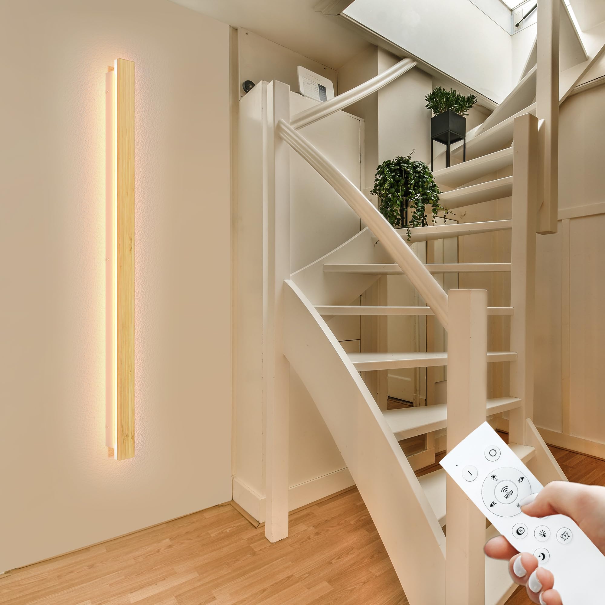 LED Wandlamp Voor Binnen,Houten Wandverlichting Dimbaar Met Afstandsbediening,Lange Wandlamp Van Bamboe,29w,Houten Wandverlichting,Moderne Wandlamp Voor Slaapkamer,Woonkamer,Hal, Trappenhuis,80cm
