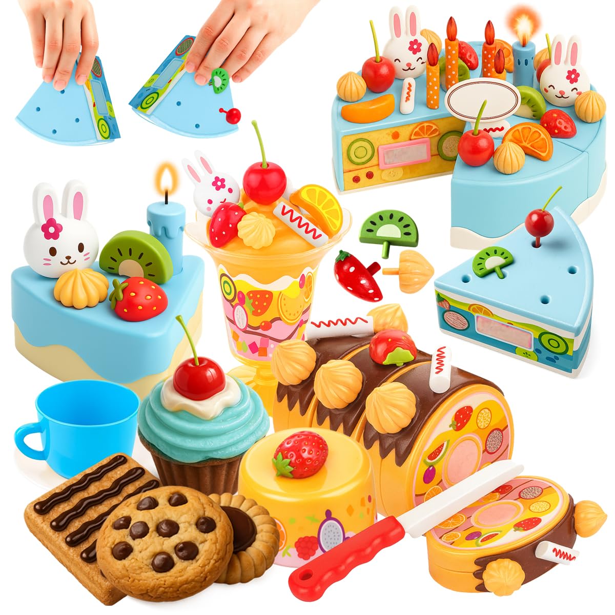Toyana Kids Birthday Cake Toy, 75 PCs DIY Pretend Play Cake Decoration Accessories with Musical Light up Candle & Desserts Party Playset, Play Food Cutting Gift for Children 3+ Year Girls - Blue