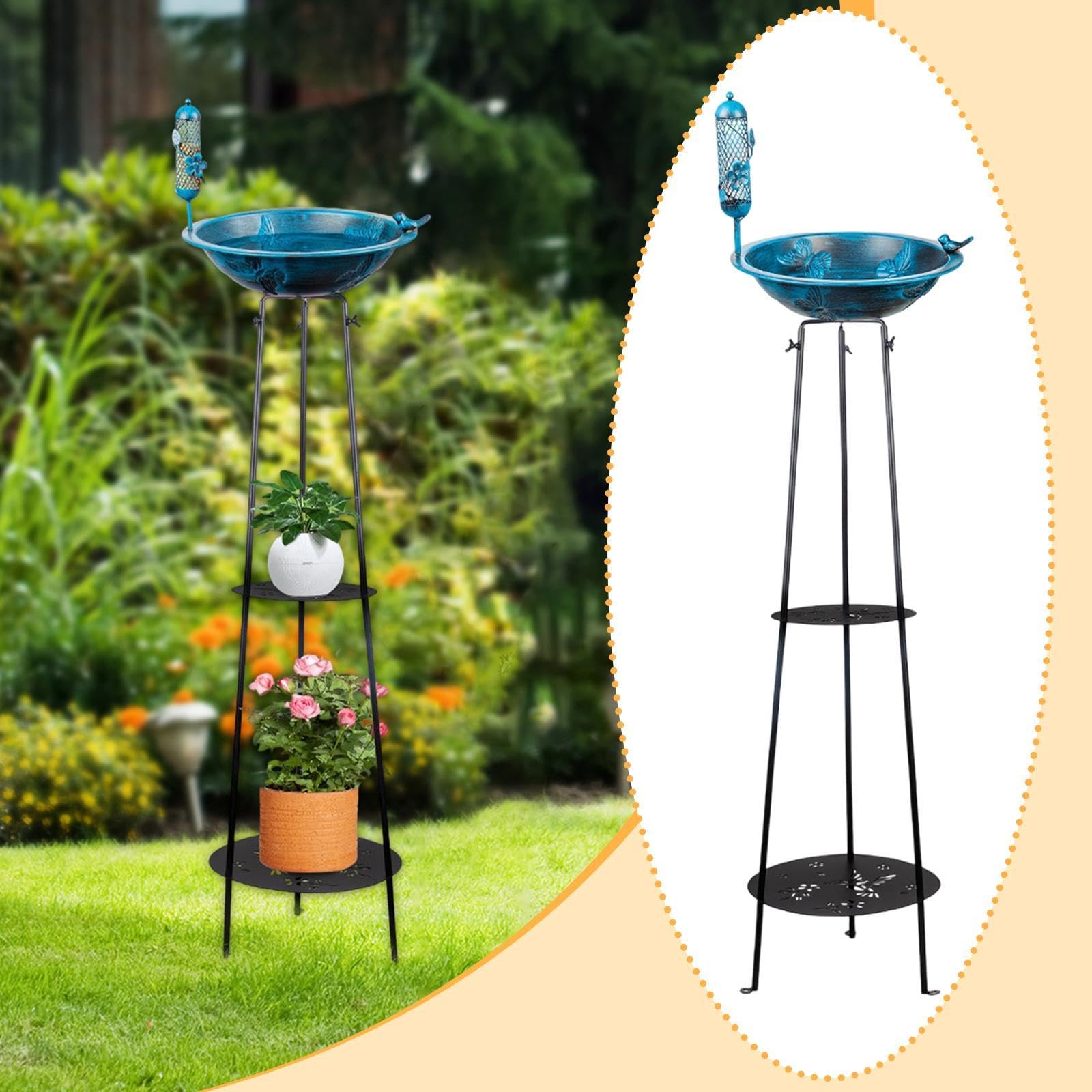 Supporto per Piante da Giardino con Mangiatoia per Uccelli per Patio Esterno in Metallo Resistente