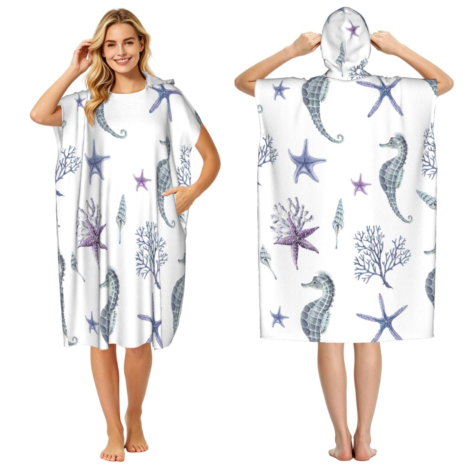 Poadnly Seahorse Coral Starfish Sea Summer, Adult Hooded Beach Towel 90 x 110 cm,Changing Bath Robe, Surf Poncho Towel For Women Men