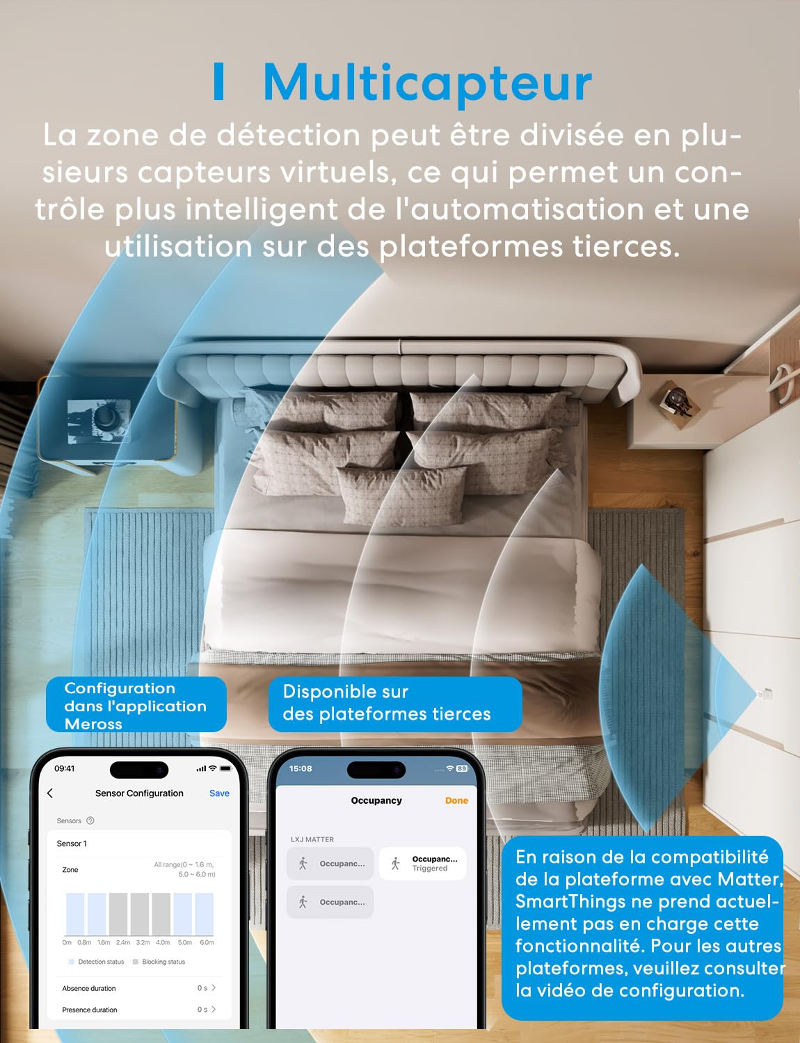 Meross Detecteur de Presence Matter Over Thread, Détecteur de Mouvement IP67 avec Détection à 3 Zones, Capteur de Mouvement Batterie Compatible avec Apple HomeKit, Alexa, Google Home
