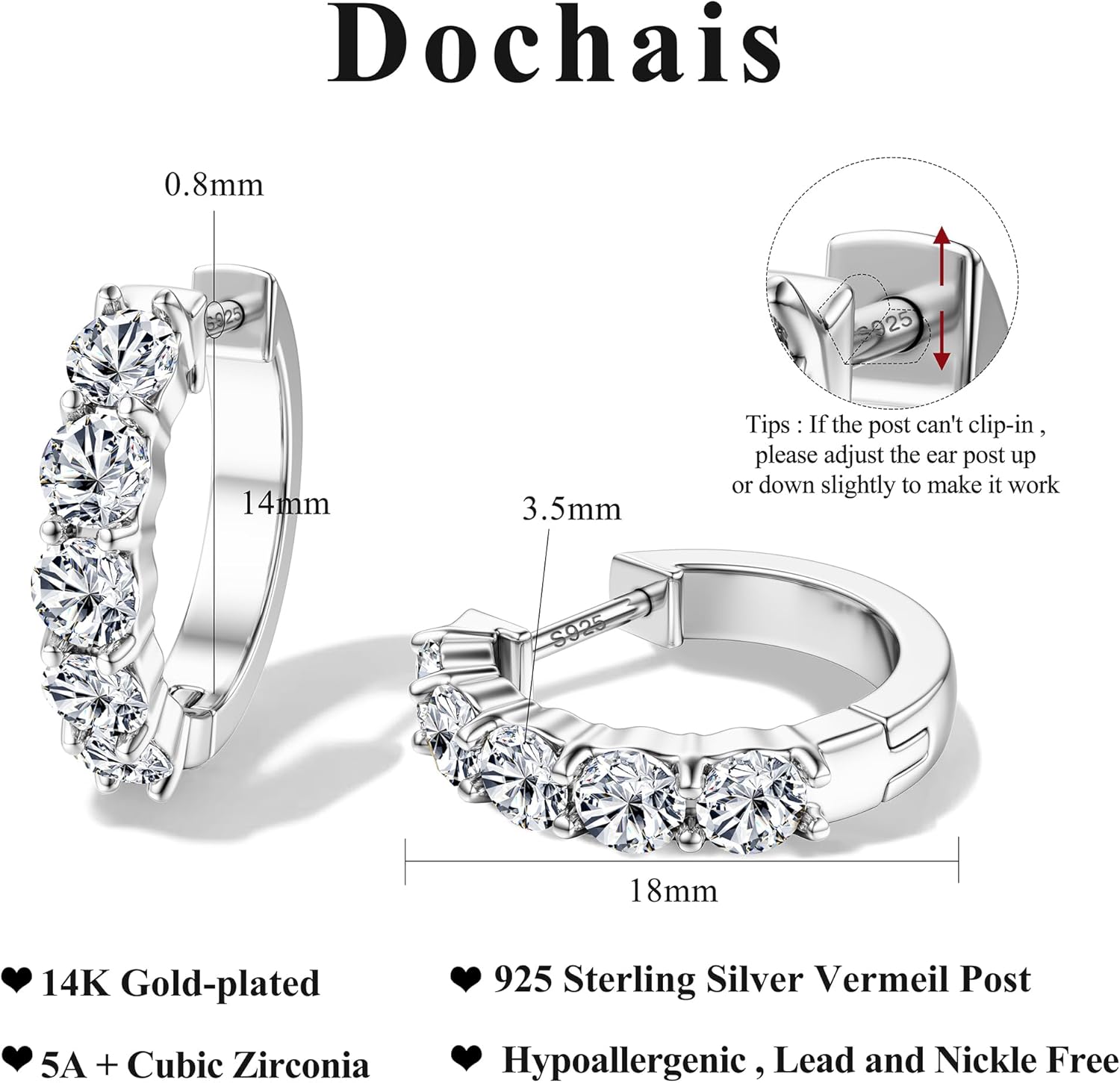 Dochais 14K Gold Plated Hoop Earrings for Women Cubic Zirconia 925 Sterling Silver Post Earring Huggie Stud Small Hoop Earrings Hypoallergenic Trendy Jewelry 9 - Image 2