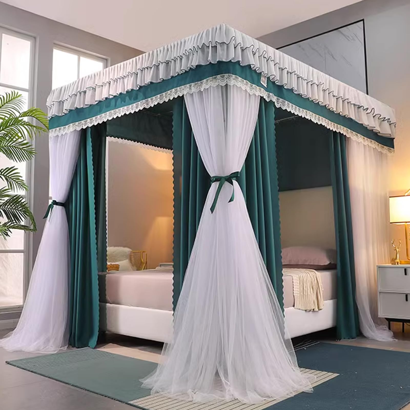GJMSSMY 4 Corners Post Princess Curtains Bed Canopy for s, 4 Opening Queen King Bed Tent Netting Mosquito Net - Double Layer Sheer Mesh Canopies Drapes s Room Decor