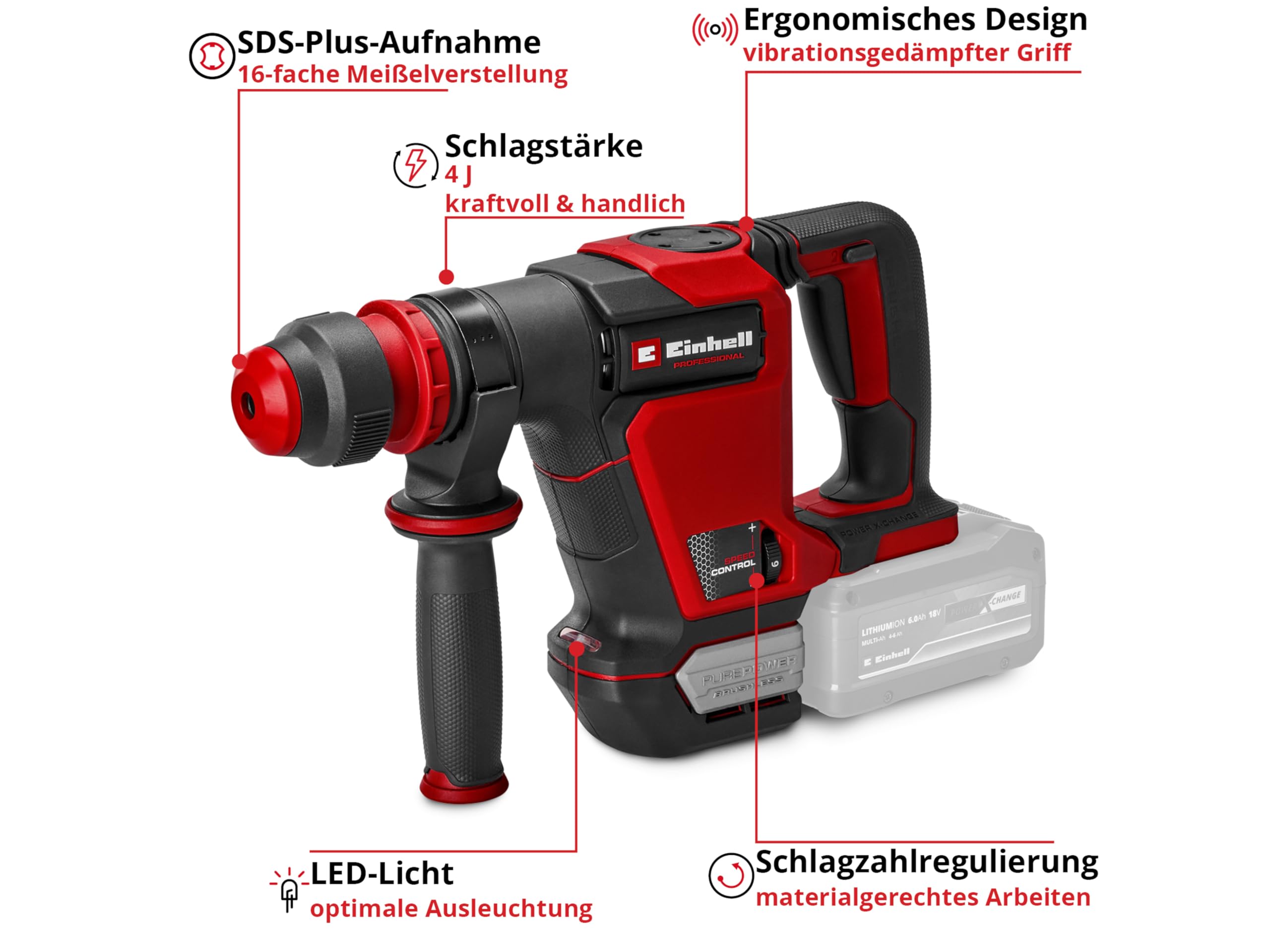 Einhell Profesjonalny bezprzewodowy młot niszczący TP-DH 18/4 Li BL-Solo Power X-Change (18 V, bez węgla, 4J, SDS-Plus, ciągły bieg, z dłutem ostrym i dłutem płaskim + walizka, bez baterii)