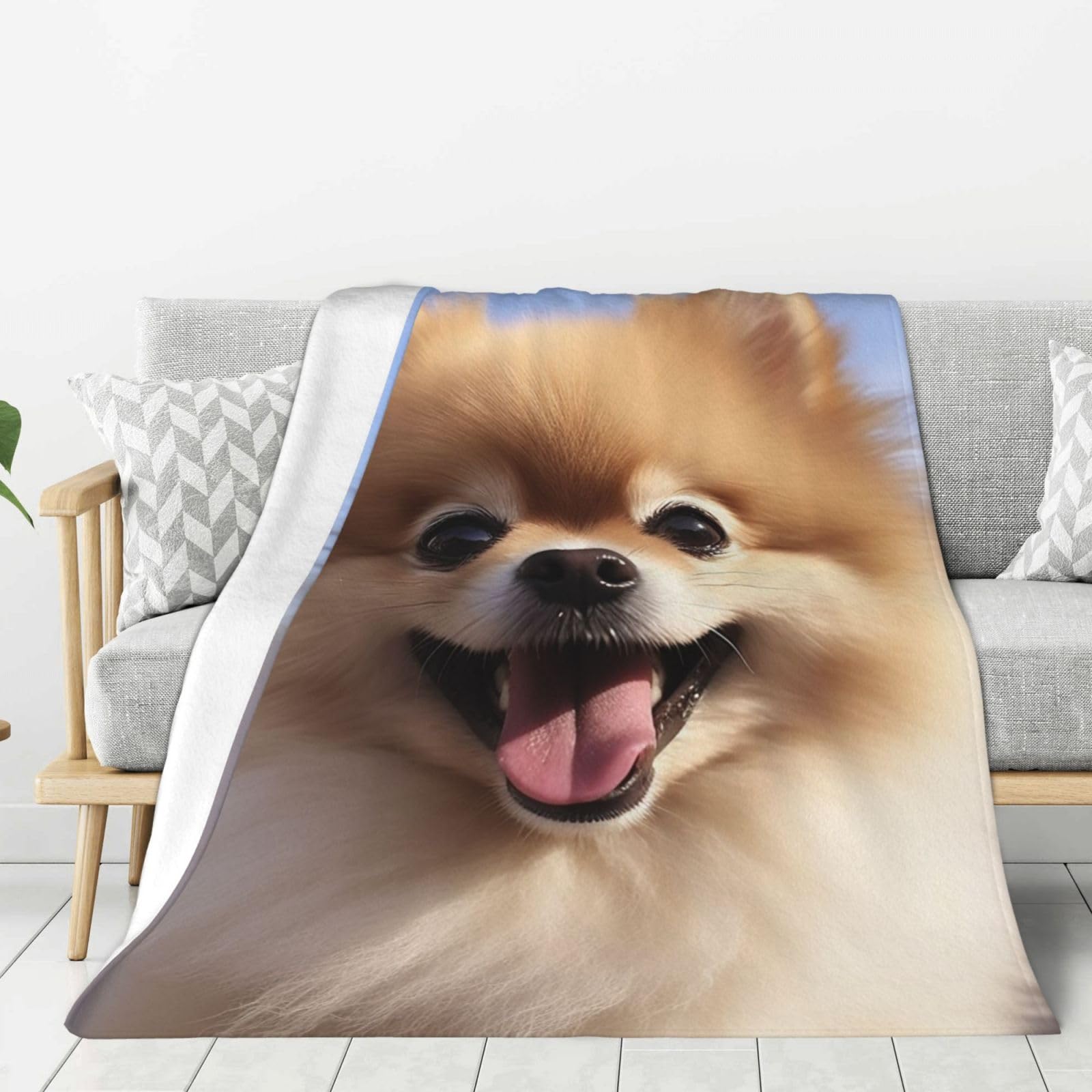 Happy Pomeranian Throw Blanket Plush Flannel Fleece Blanket, Soft Lightweight Cozy Blankets 50"X40" for Bed Couch Sofa Travel