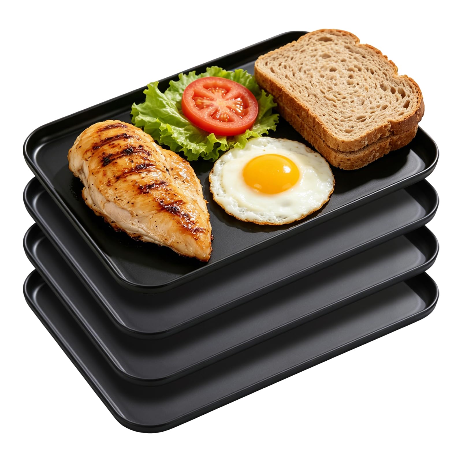 4 Pcs Black Plastic Serving Trays, 31 x 22 x 1.5cm Stackable Rectangular Food Trays, Multi-use Serving Trays for Coffee Tea Snacks Breakfast Home and Office Use