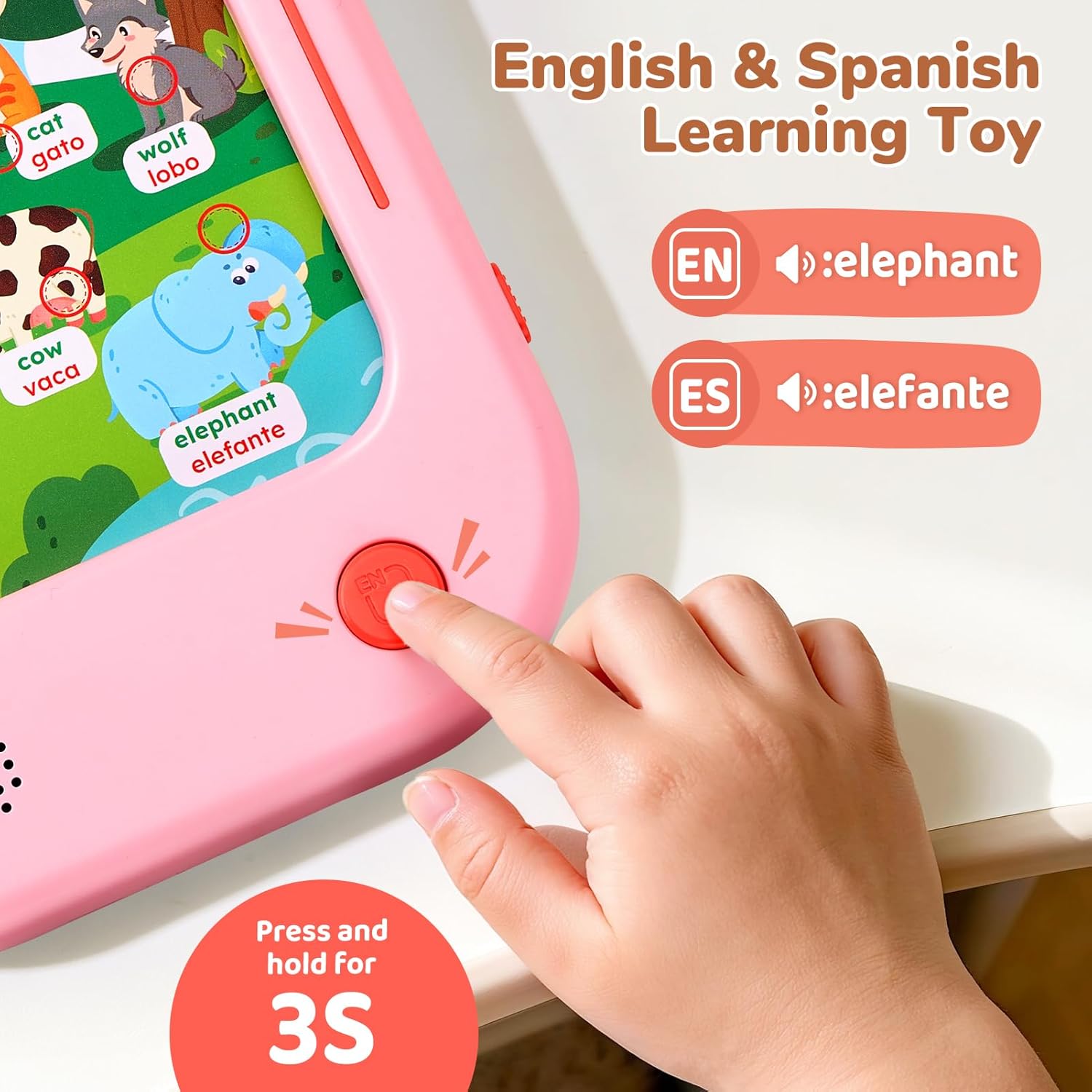 JoyCat Bilingual Kids Learning Tablet, English & Spanish Talking Flash Cards with 106 Pages, 20 Interactive Games, Montessori Learning Toy for Alphabet, Words, Numbers & Songs, Gift for Toddlers 2-6