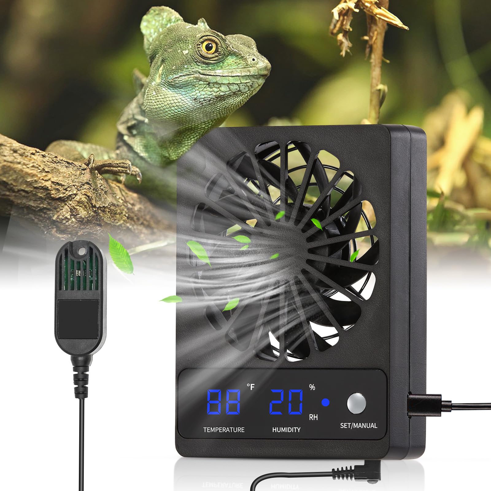 DAOTAILI Reptile Tank Fan with Thermometer & Hygrometer | LED Display, Auto Ventilation for Enclosures & Terrariums