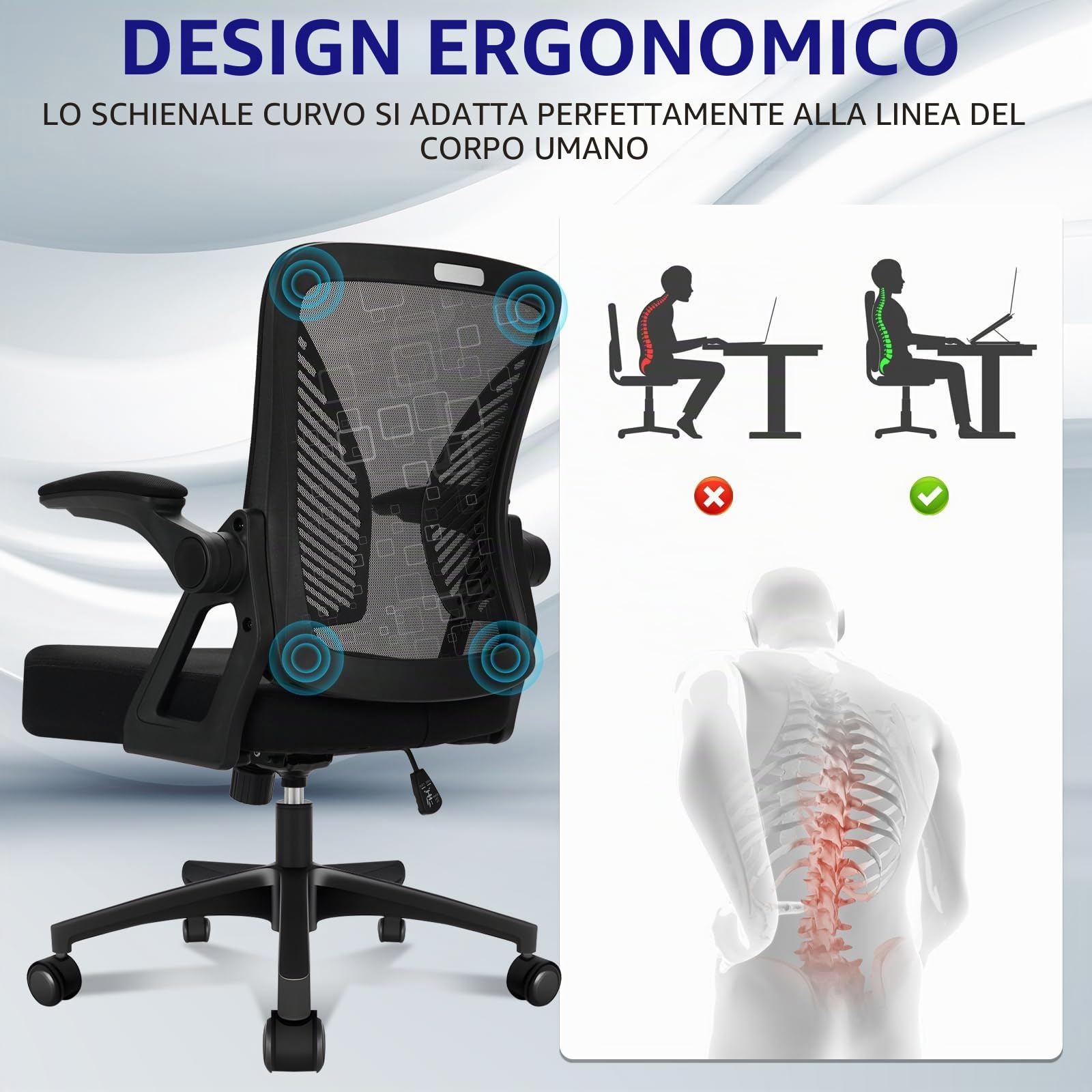 Milacyee Sedia da Ufficio con Supporto Lombare, Sedia Ufficio Ergonomica con Braccioli Regolabili in Rete Traspirante, Altezza Regolabile con 360°Ruote Girevoli, Nero