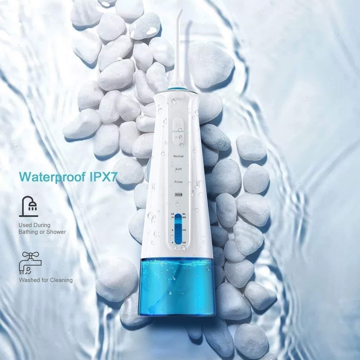 Irrigador bucal portátil con 3 Modos, 6 boquillas reemplazables, Recargable, Impermeable, Ideal for el hogar y Viajes, depósito extraíble de 300 ml.