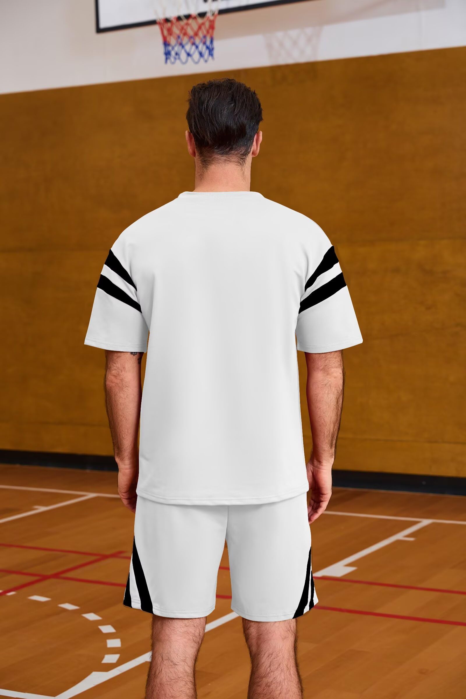 Remxi Tuta da uomo in 2 pezzi, set estivo corto da uomo, maglietta a righe e pantaloni, tuta casual