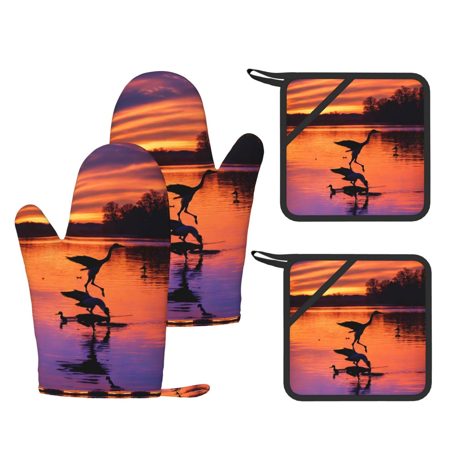 Hunting Flying Wild Ducks Printed Cooking Mitts and Pot Holders 4 Pcs, Heat Resistant Oven Gloves with Hanging Loop Chef