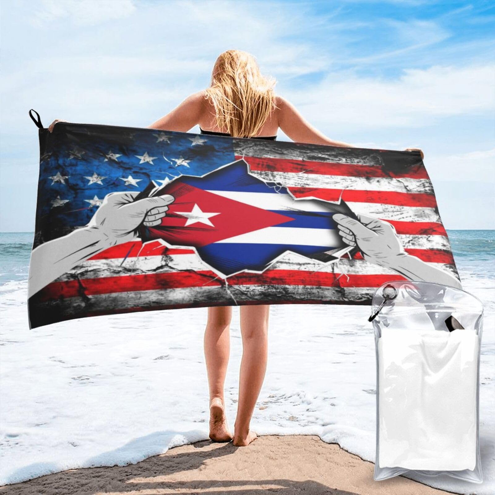 HACXZ American and Cuba Flag Vintage Beach Towel Lightweight Absorbent Beach Towel Microfiber 31.5"X63"