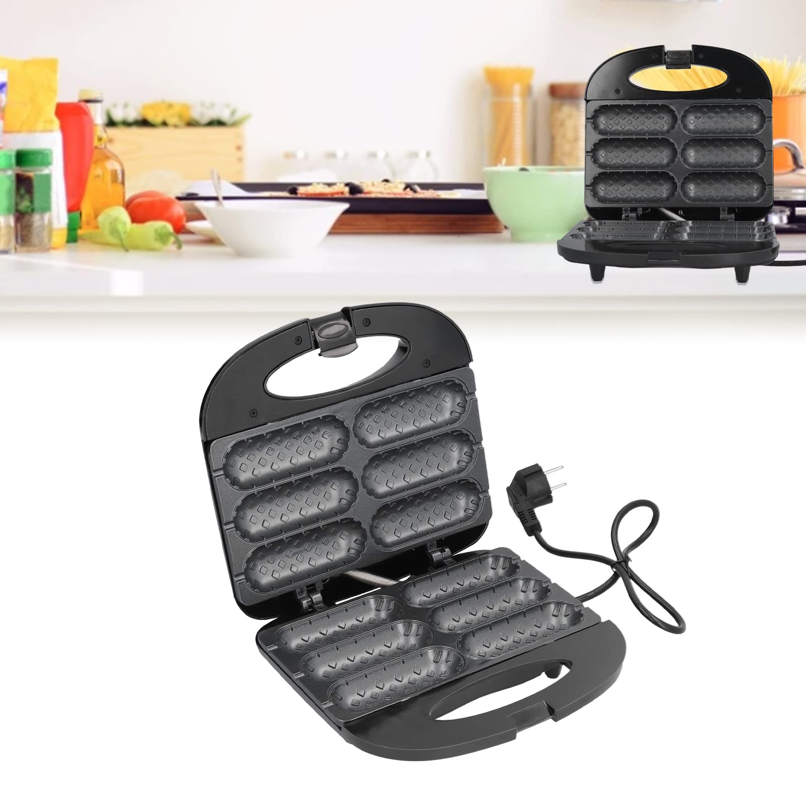 Waffeleisen mit Stabform, Mini Doppelseitiger Corn Dog Waffeleisen, 6 Corn Dog Waffle Maker 750W Schnellheizung mit Antihaftbeschichtung Hot Dog Maker für Zuhause Party