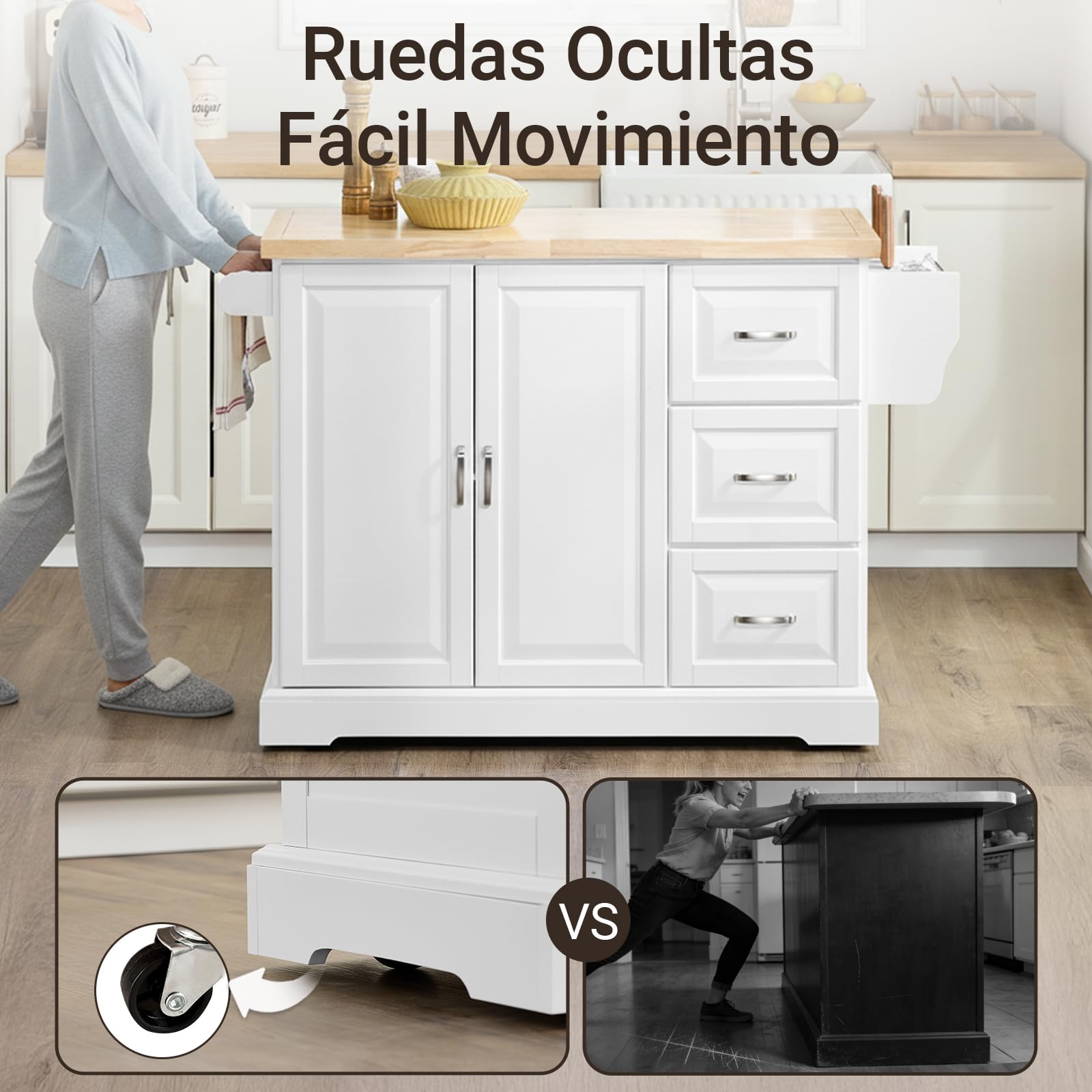 SoBuy Isla Cocina con encimera de Madera Maciza Extensible Carrito de Cocina con Ruedas Mueble de Cocina con 3 cajones Blanco 130x91x(46-71) cm FKW41-II-WN