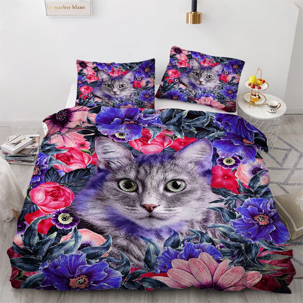 MARBRE 3D Cat Single Duvet Cover Set 135x200cm 2 piece Soft Microfiber Reversible Bedding Set Plants Flowers Comforter Cover with Zipper Closure Quilt Cover with Pillowcase 50x75cm（Image 3-11）