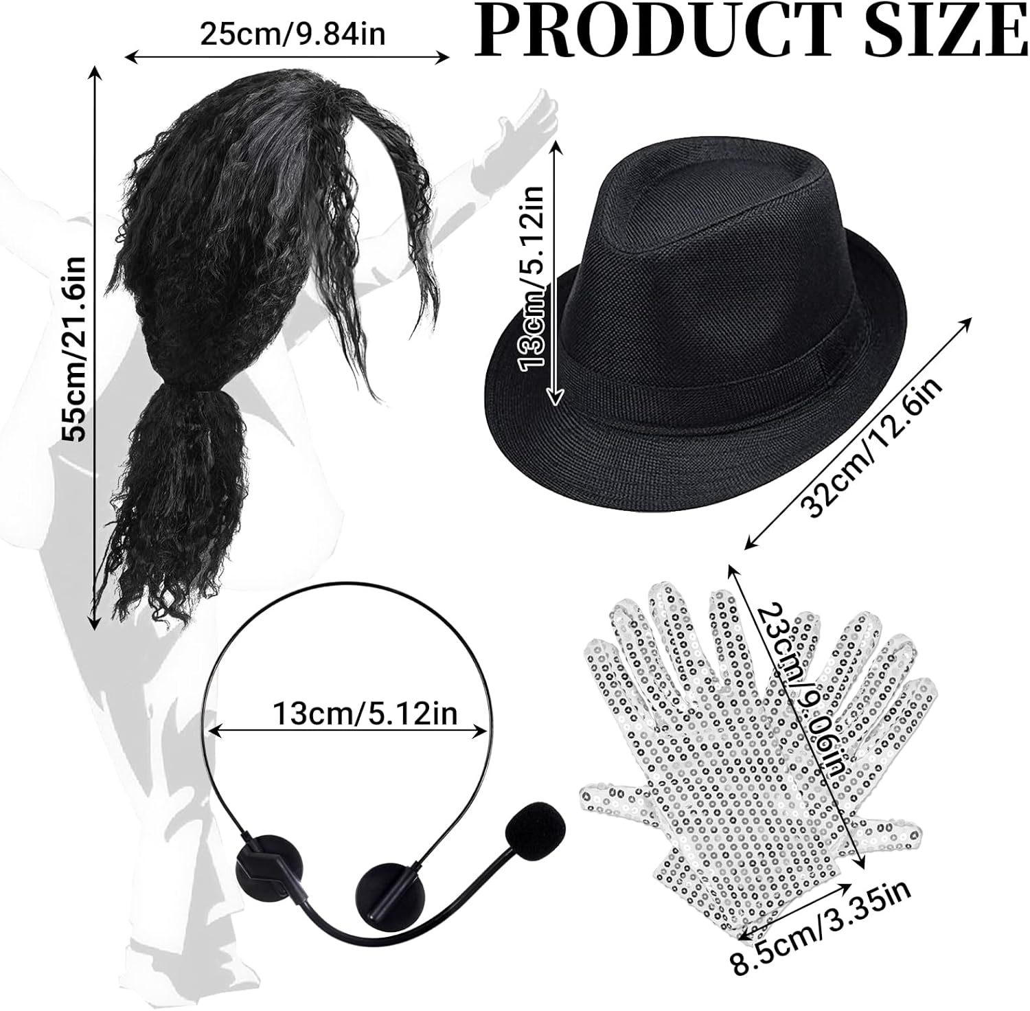 80s Pop Rockstar Dance Costume Accessories,Balck Curly Wig Sequins Gloves Sunglasses MJ Performance Costume Kit - Image 2