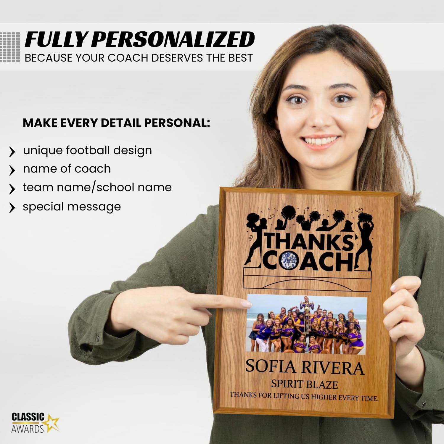 Personalized Coach Plaque - Custom Award with Name, Team Picture & Year - Coach Gift for Appreciation, Retirement, Soccer, Football, Baseball, Cheer (Cheerleading, 9" X 12")