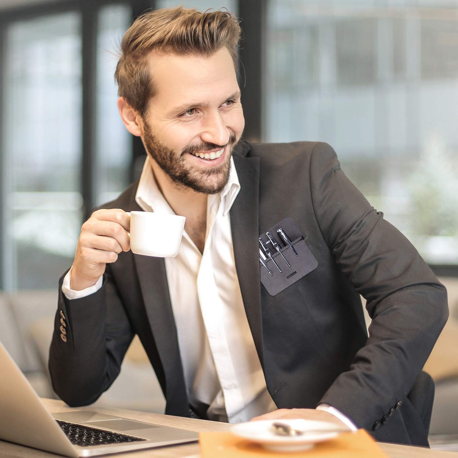 ブルー 胸ポケット用ペンケース 3枚 Puレザー Wisdompro インク漏れ ガード ポケットプロテクター ワイシャツ 汚れ防止 白衣 マート Wisdompro