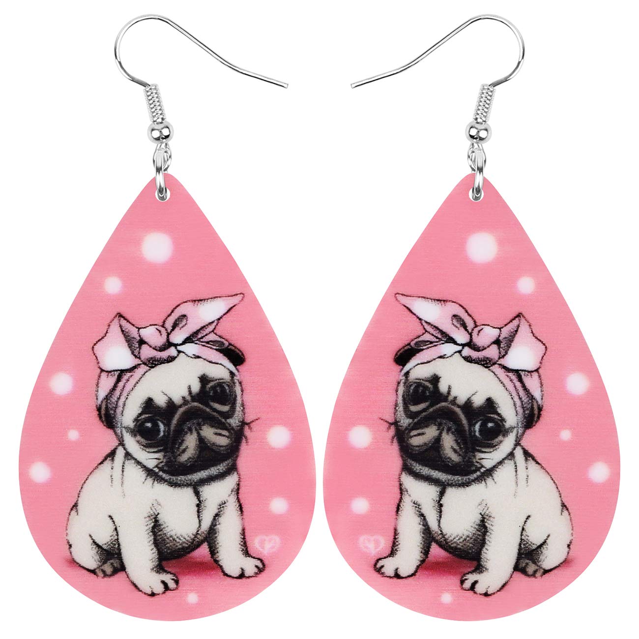 OUSIO Adorable Pug Dog Earrings - Acrylic Dangle Earrings With Heart Charm, Valentine's Gift For Pet Lovers