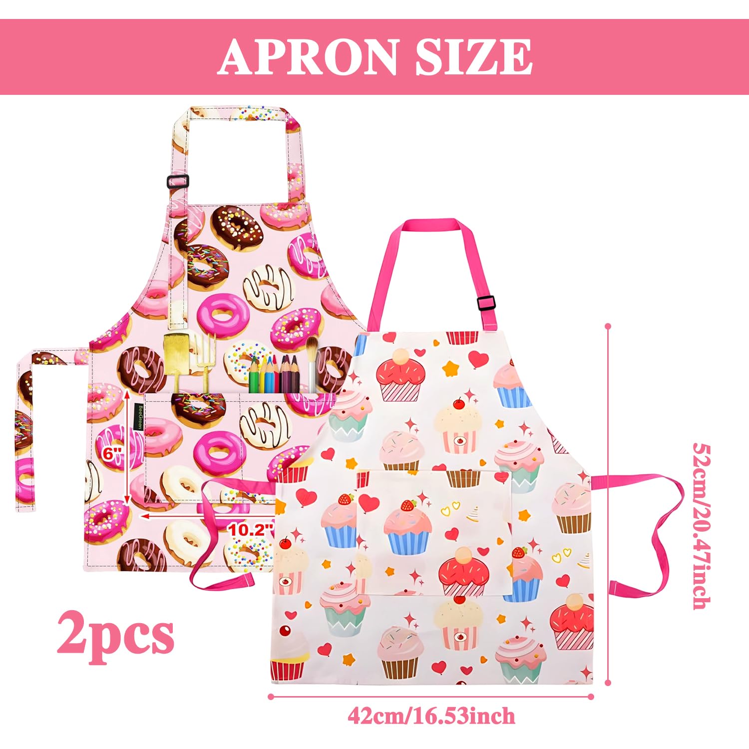 MOTIBACK 2Pcs Kids Aprons for Cooking Adjustable Children's Waterproof Play Aprons, Pink Donut & Cake Design - Image 2