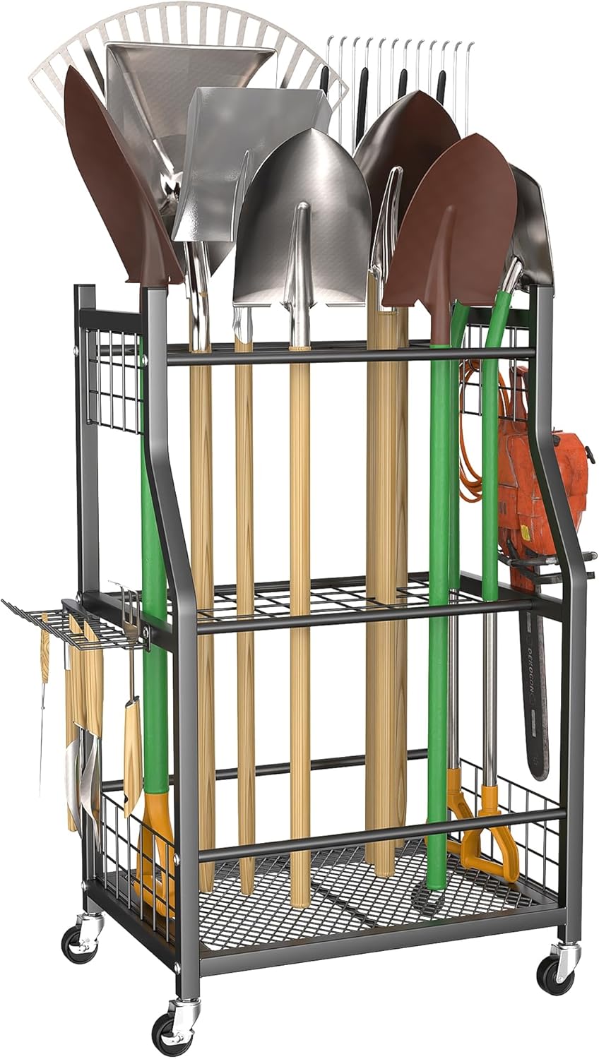 Garden Tool Organizer with Wheels for Garage, Rakes/Shovels/Yard Tools Storage Stand for Garden, Shed, Indoor/Outdoor Long-Handled Tools Rolling Cart